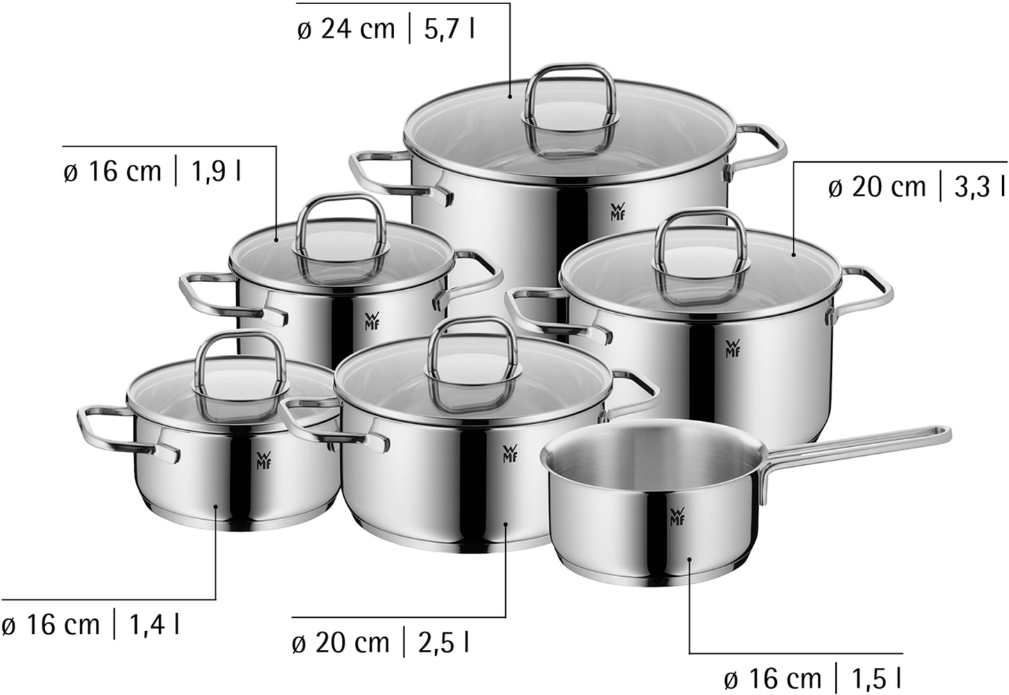 WMF Topf-Set »Inspiration Induktion, Kochtopf Set mit Glasdeckel« Set, 2x Bratentopf Ø 16/20cm, 3x Fleischtopf Ø 16/20/24cm, Stieltopf Ø 16cm, 11 Stk. tlg. Cromargan® Edelstahl Rostfrei 18/10