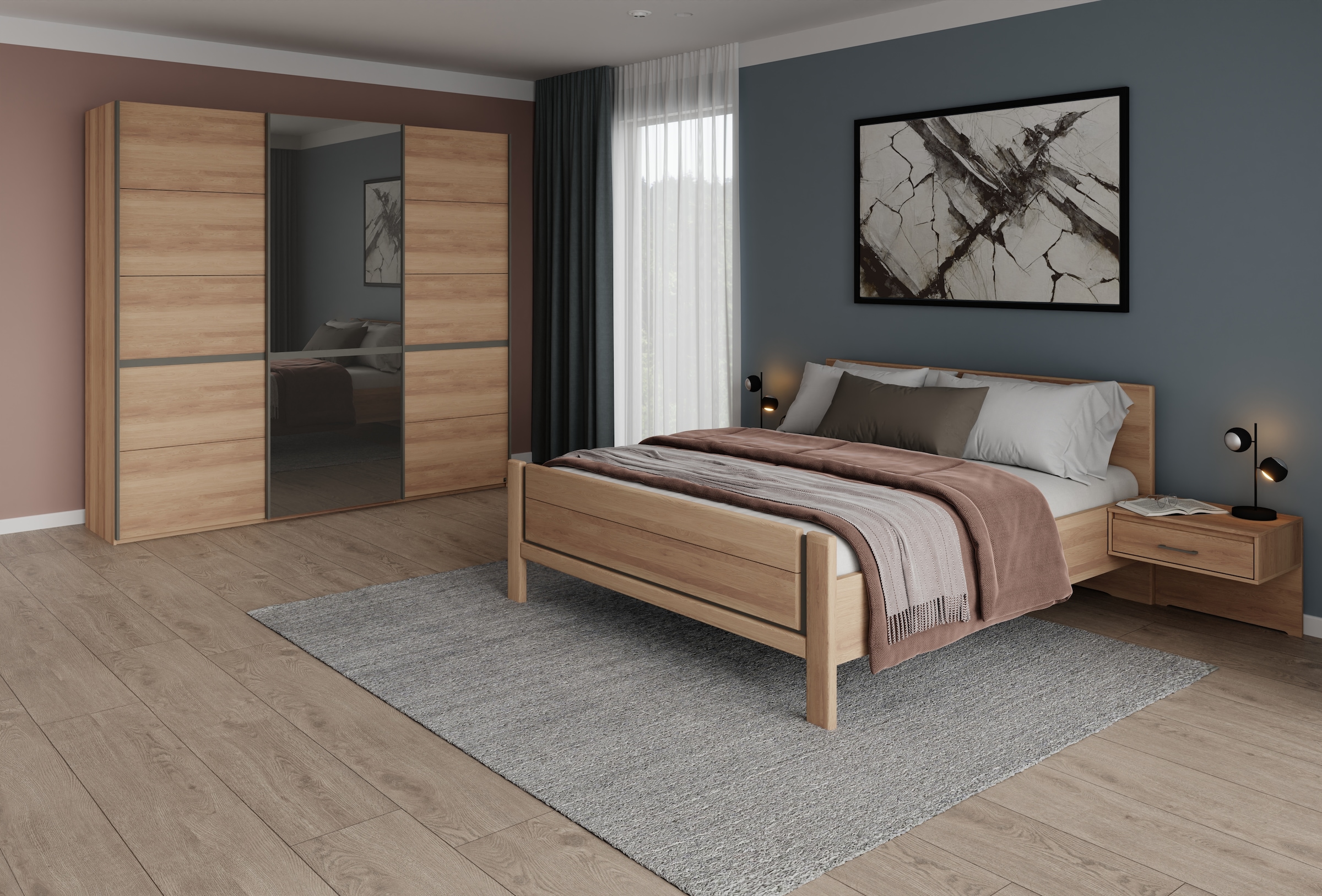 Musterring Schlafzimmer-Set »Sorrent, Kleiderschrank, Bett & Nachtkommoden, teilmassiv Eiche«, (2er-Set Nachtschränke, Schwebetürenschrank 250 cm, Bett 180x200 cm), mit Schwebetürenschrank, Bett mit Stollenfuß, Breite Schrank 250 cm