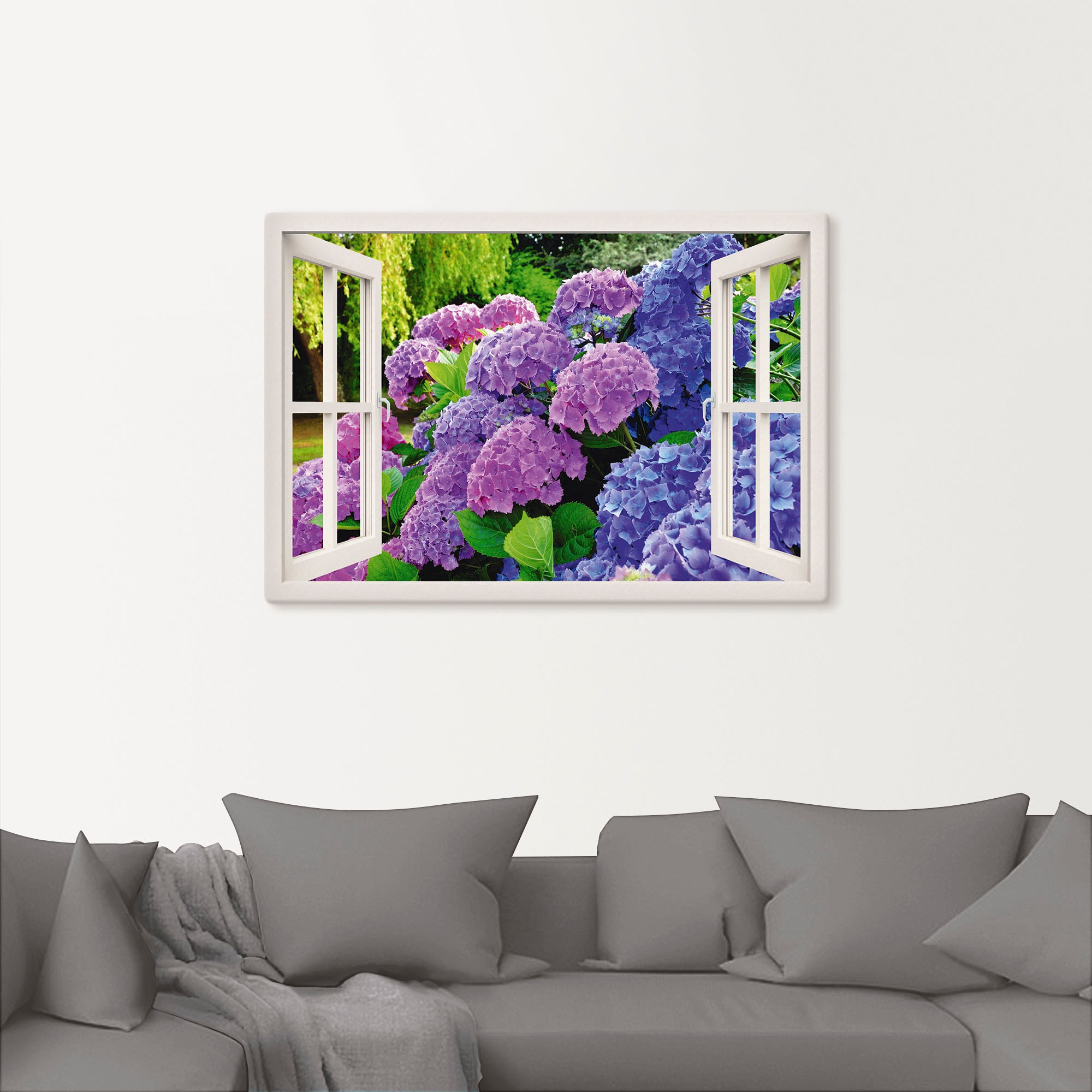 Artland Wandbild »Fensterblick Hortensien im Garten«, Blumen, (1 St.), als Leinwandbild, Poster in verschied. Größen