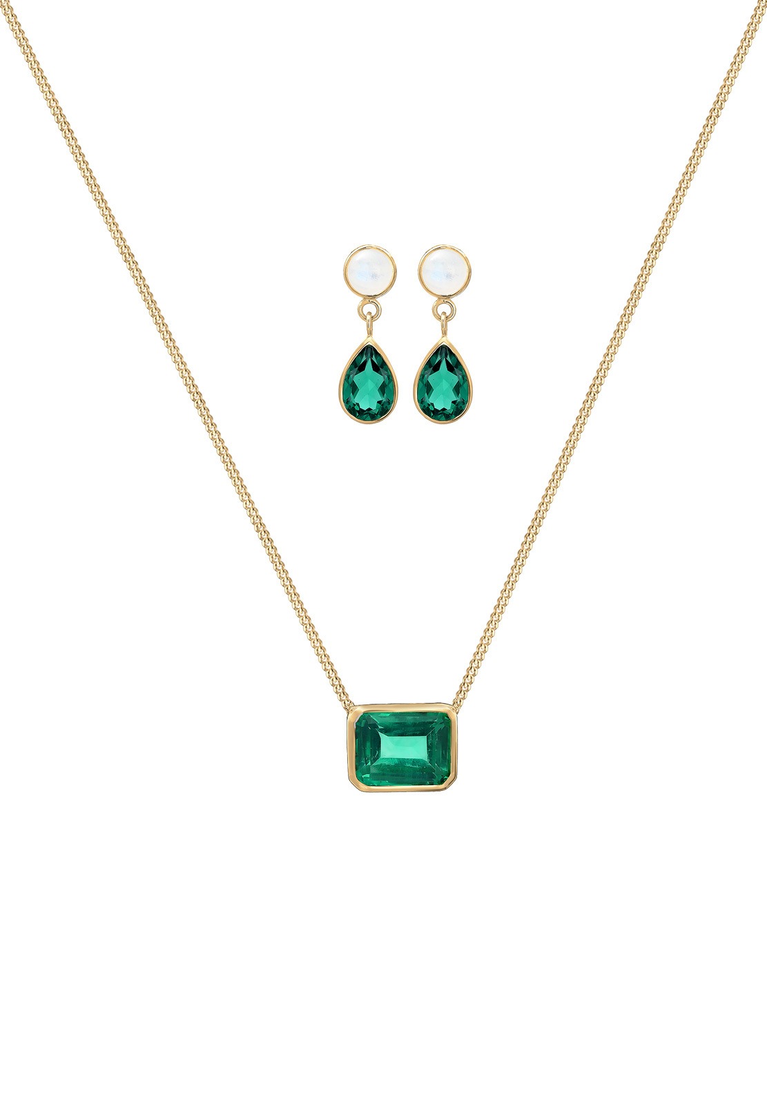 Elli Premium Ohrring und Ketten Set »Schmuckset Rechteck Tropfen Quarz Grün 925 Sterling Silber vergoldet«