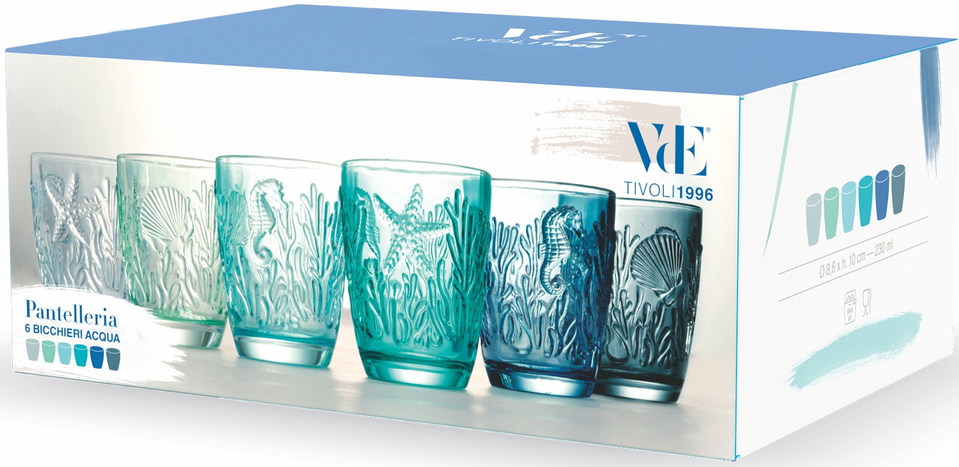 Villa d'Este Gläser-Set »Pantelleria Ocean, Set 6-teilig«, (Set, 6 tlg.), Wassergläser-Set, 6-teilig, Inhalt 230 ml