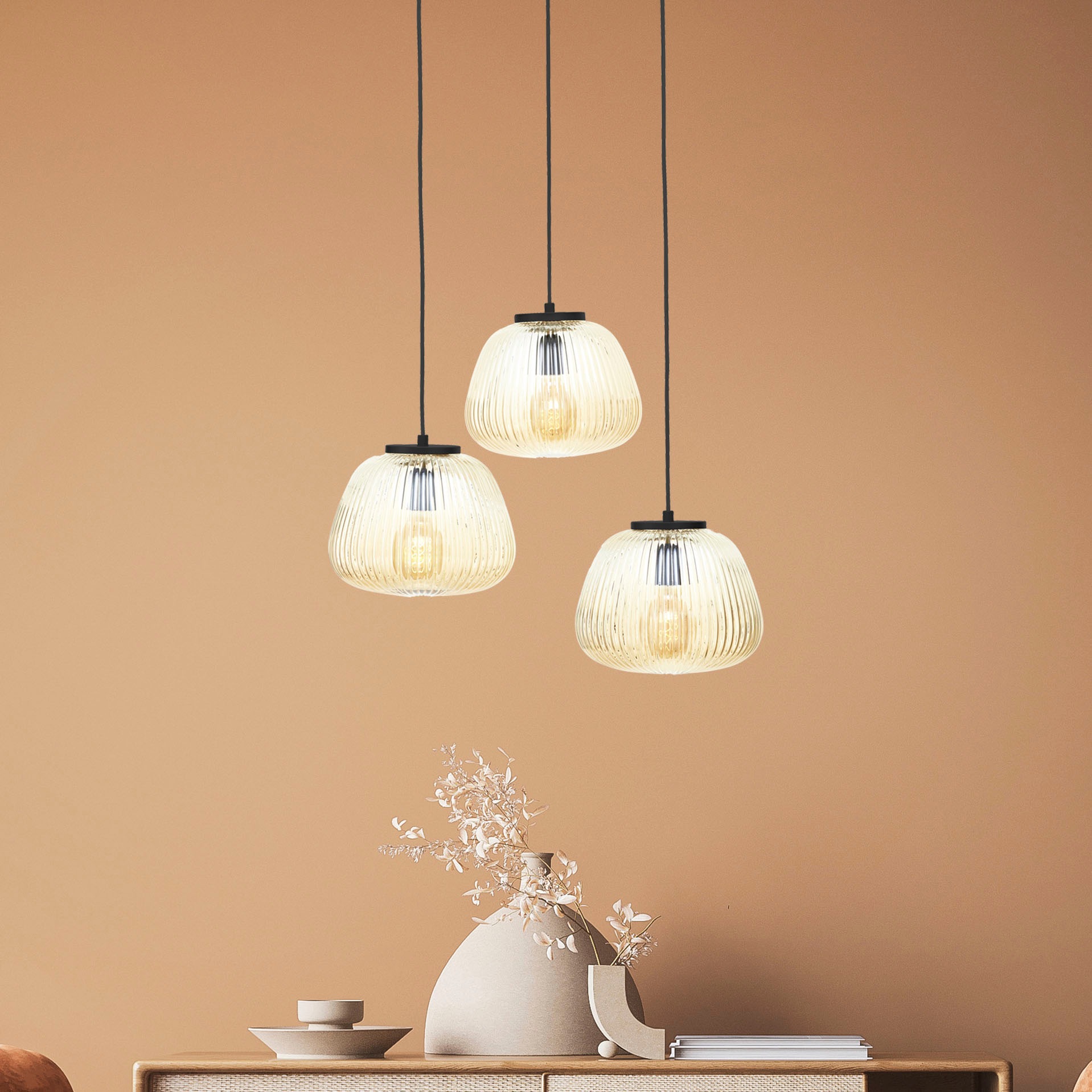 Brilliant Pendelleuchte »Kaizen«, 3 flammig, Leuchtmittel E27 | ohne Leuchtmittel, Riffelglas, D 40 cm, E27, kürzbar, Amber-Bernsteinfarben