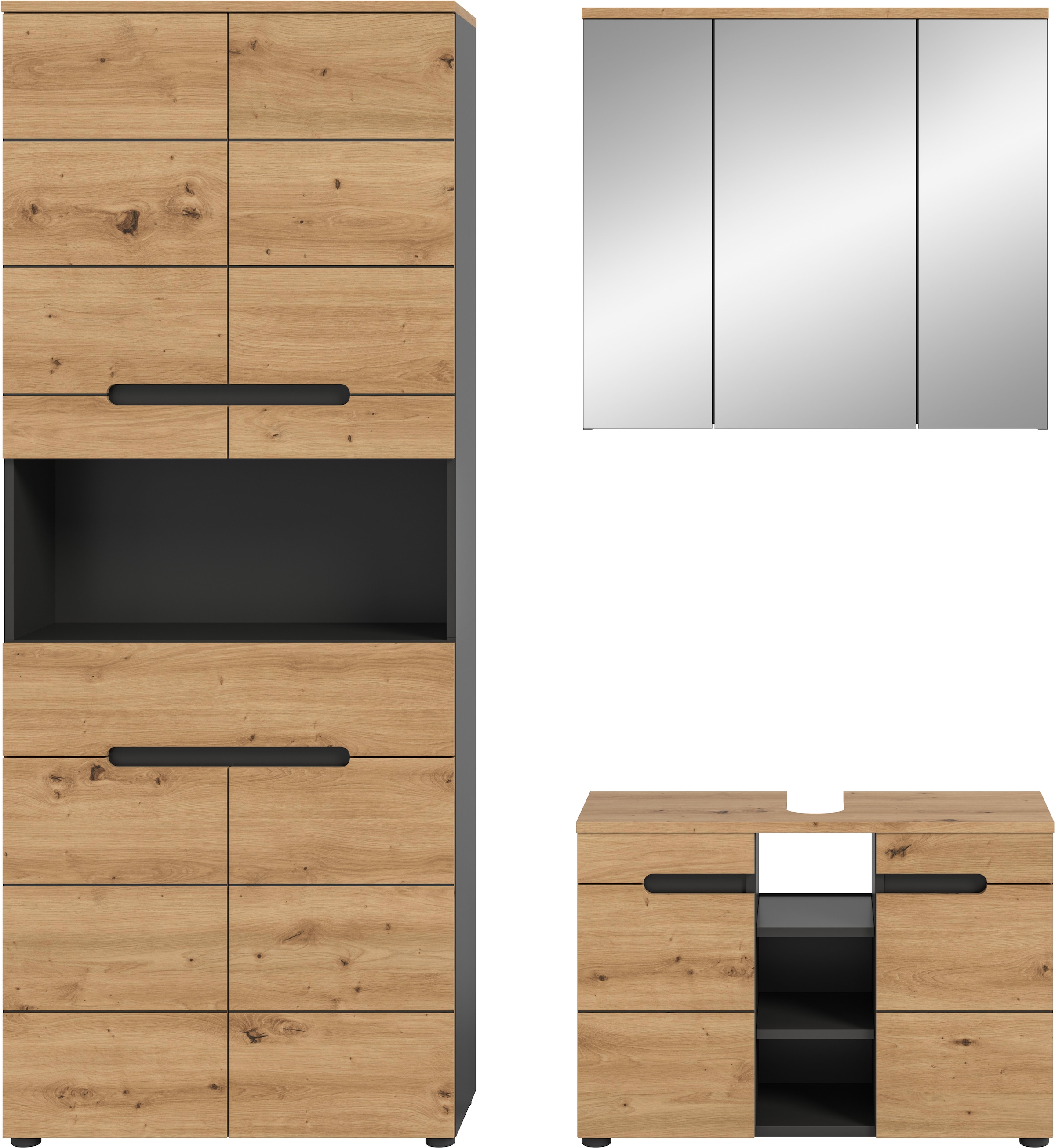 INOSIGN Badmöbel-Set »REHAT, 3-teilig, Breite 171 cm, mit grifflosen Fronten, bestehend aus:«, (3 St.), 1x Hochschrank, 1x Waschbeckenunterschrank & 1x Spiegelschrank