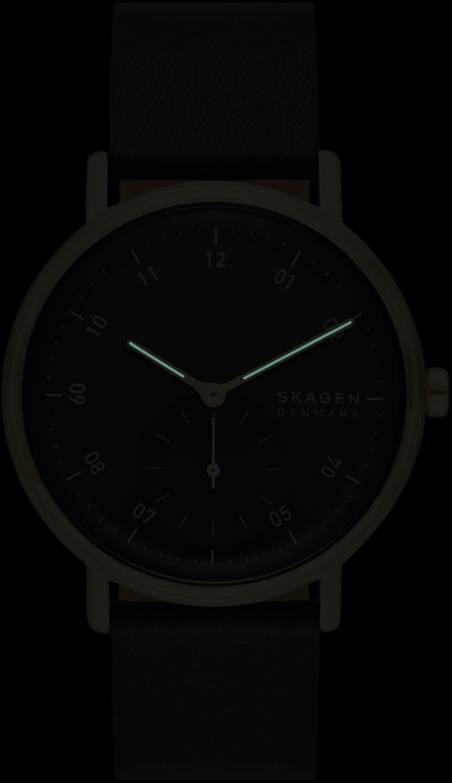 Skagen Quarzuhr »KUPPEL«, Armbanduhr, Herrenuhr, analog, dezentrale Sekunde, Lederarmband