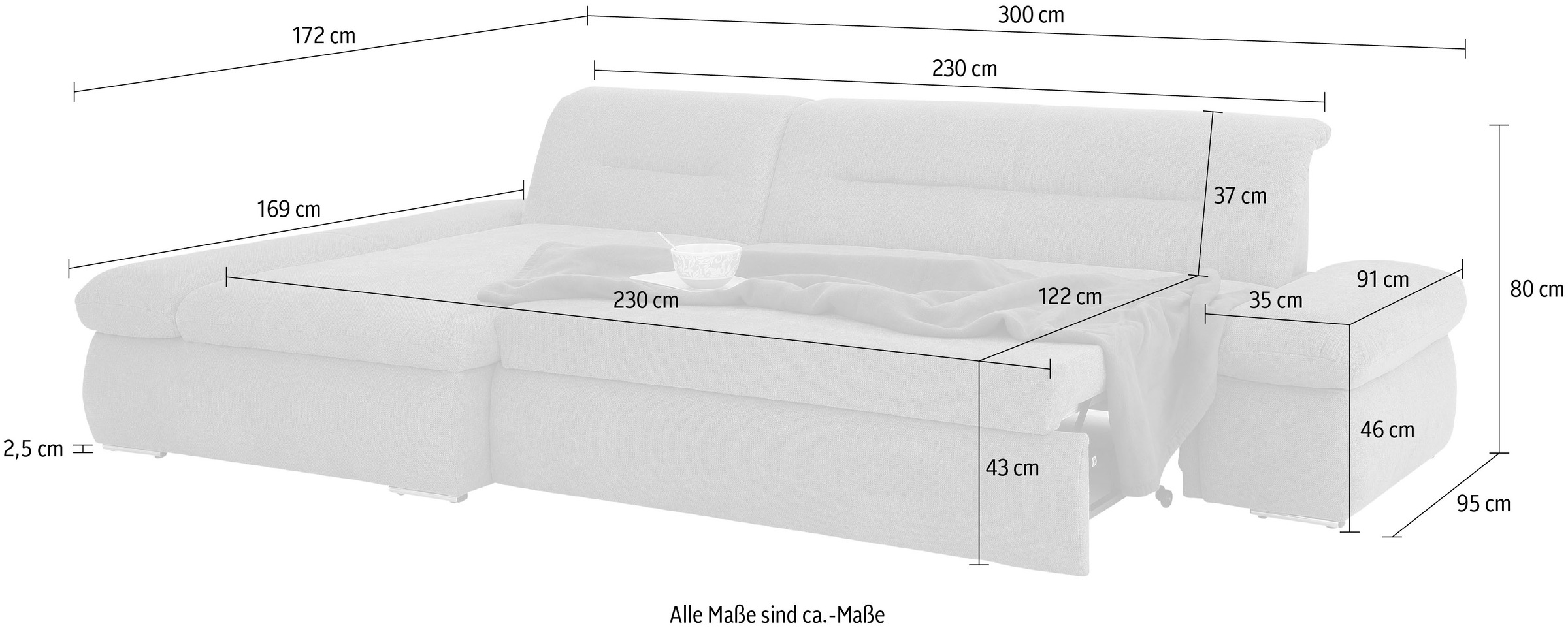 INOSIGN Ecksofa »Avesa L-Form«, Wahlweise mit Armteilvertsellung und Bettfunktion, B/T/H: 300/172/80cm