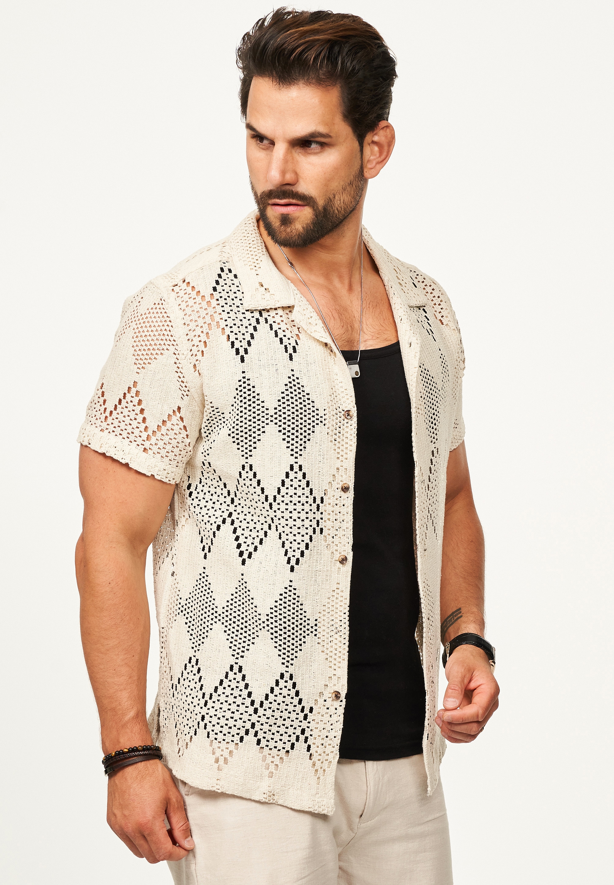 SOULSTAR Kurzarmhemd »Freizeithemd als Kurzam Strick Hemd im Retro-Look - Strick Polo-Hemd Overshirt im Regular-Fit für Herren« Herren Strick Polo-Hemd T-Shirt im Regular-Fit Festival Hemd