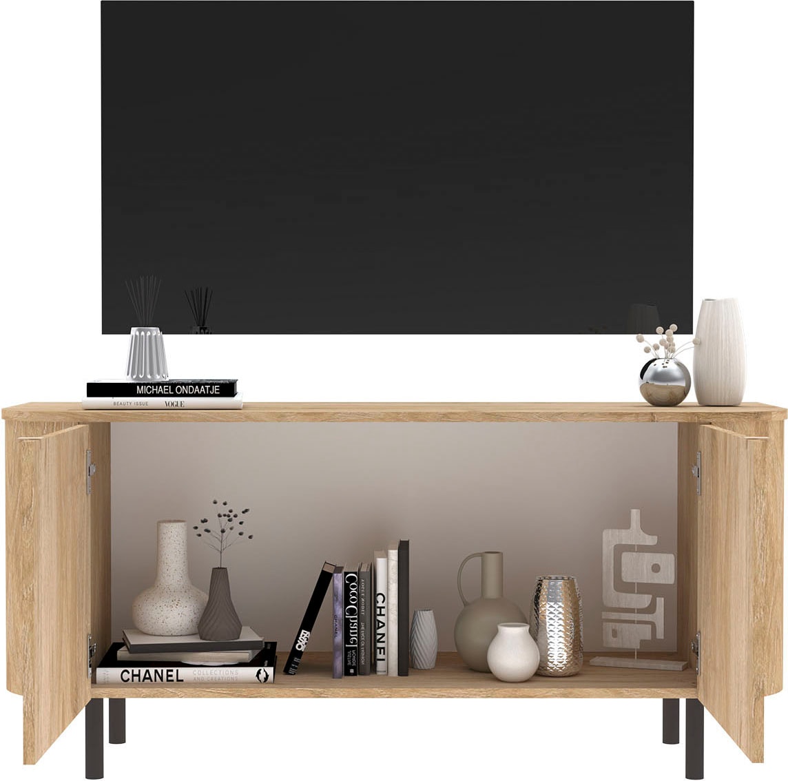 Home affaire Lowboard »Murano, 131 cm breit, 2 Türen, TV-Schrank, TV-Kommode, Medienboard« Formgebogenes MDF, Stirnseiten mit Rundung, Füße und Griffe aus Metall