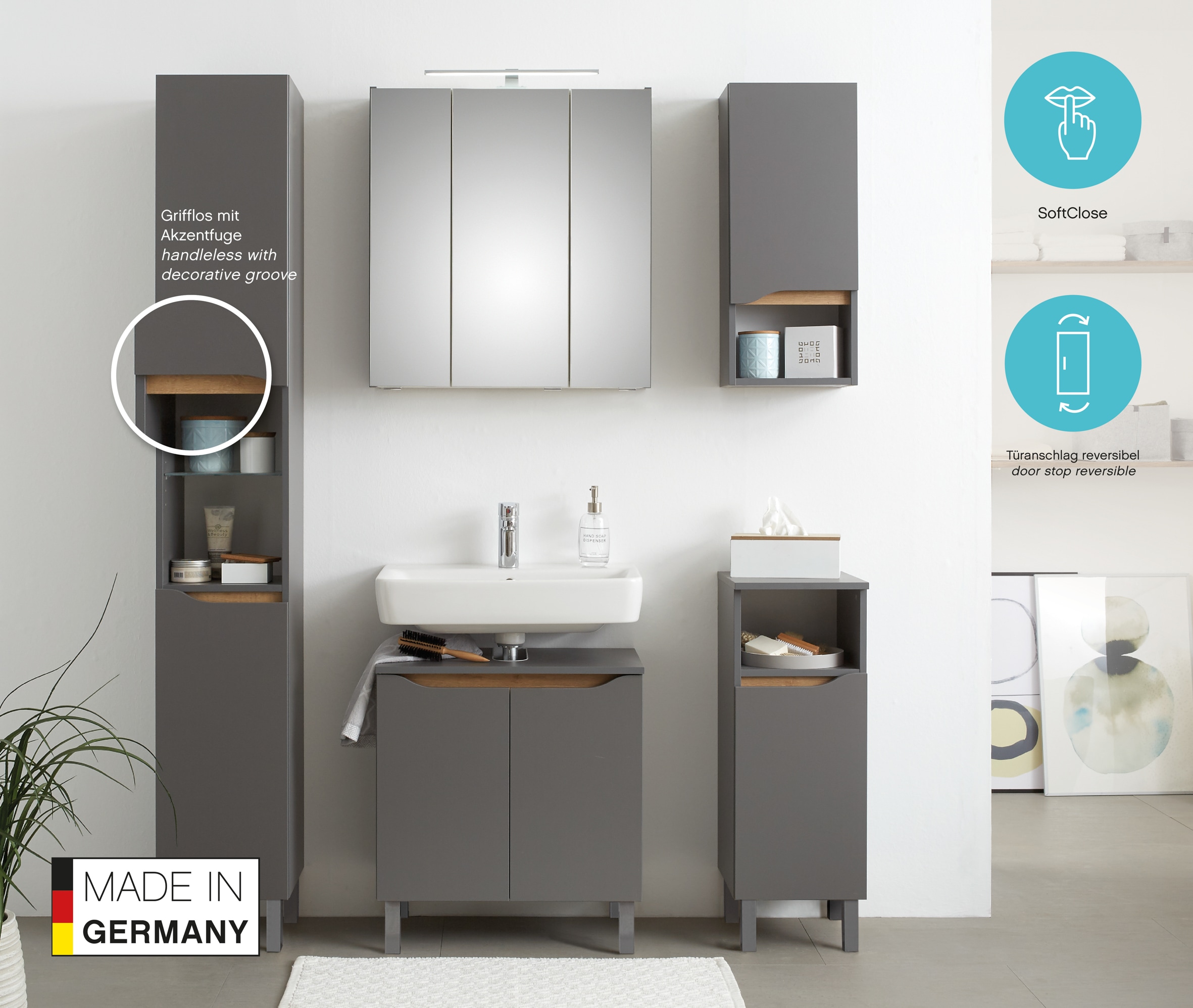 Saphir Badmöbel-Set »Quickset 5-teilig Waschbeckenunterschrank und LED-Spiegelschrank« 5 Stk. tlg.