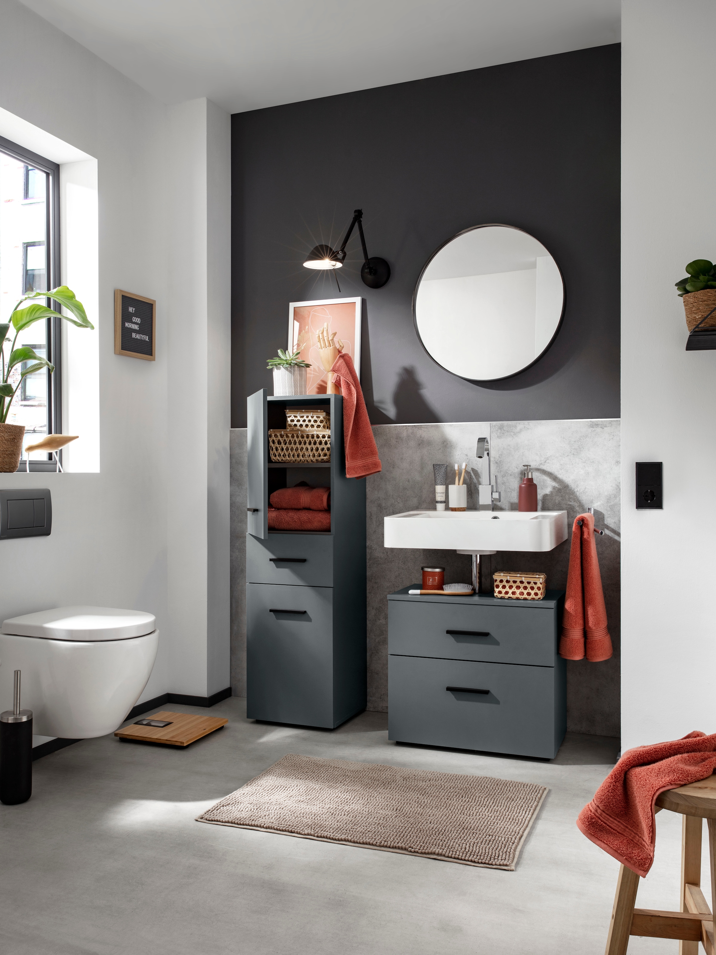 INOSIGN Waschbeckenunterschrank »Skara«, mit Klappe und Schubkasten, schwarze Griffe, Breite 60 cm, Höhe 55 cm