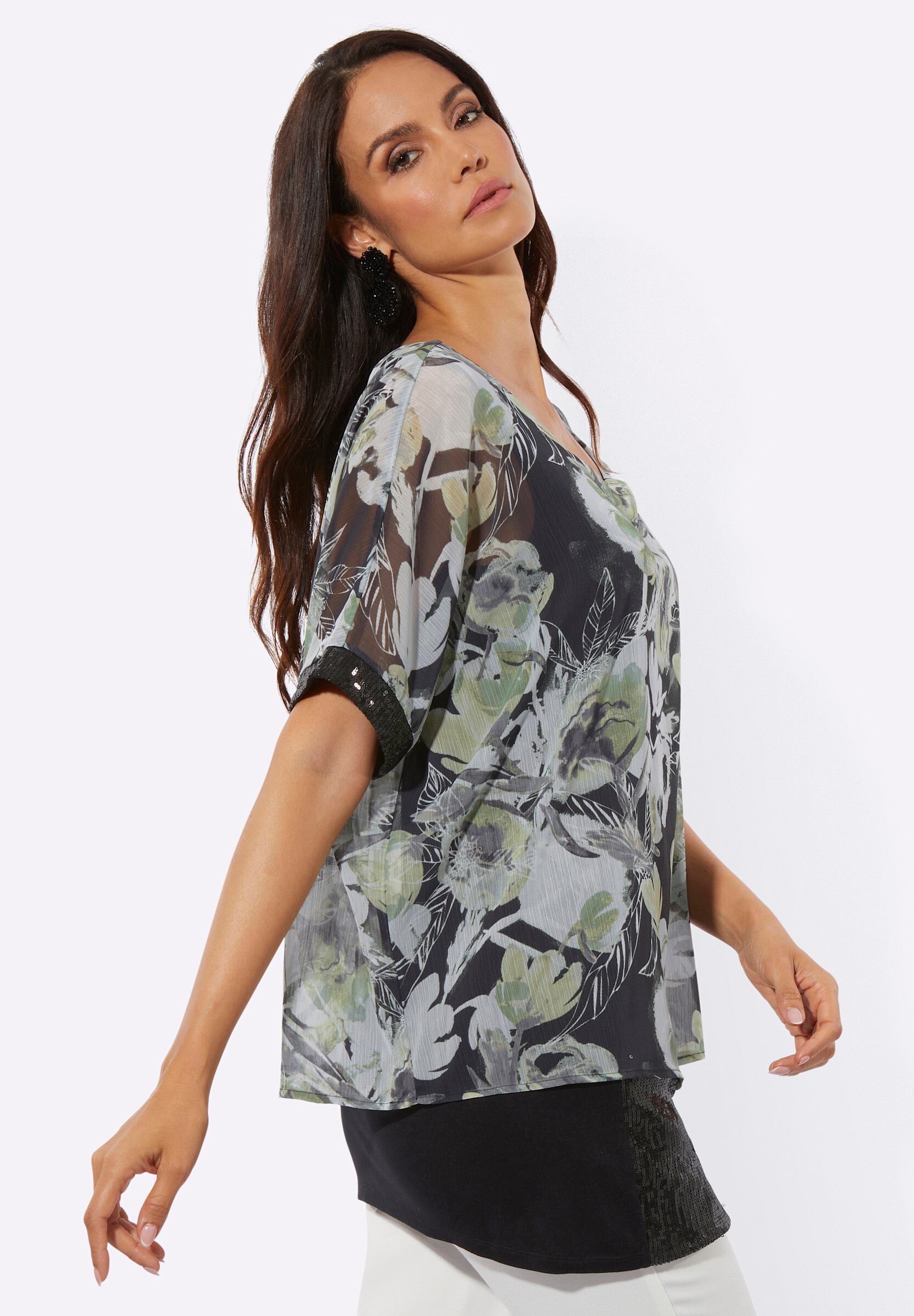 creation L Schlupfbluse »Druck-Bluse Kurzarmbluse mit schimmernden Pailletten«