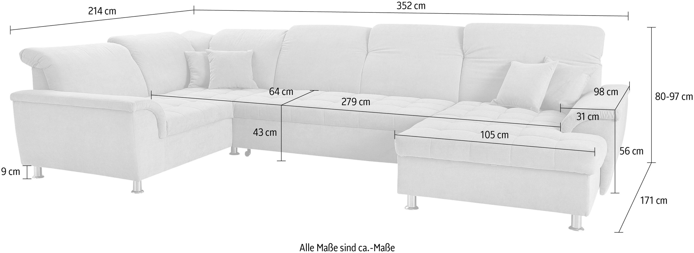 DOMO collection Wohnlandschaft »FRANZI 344x206x81 cm, elegant, komfortabel« U-Form, Recamiere rechts, marine, B/T: 344/206 cm