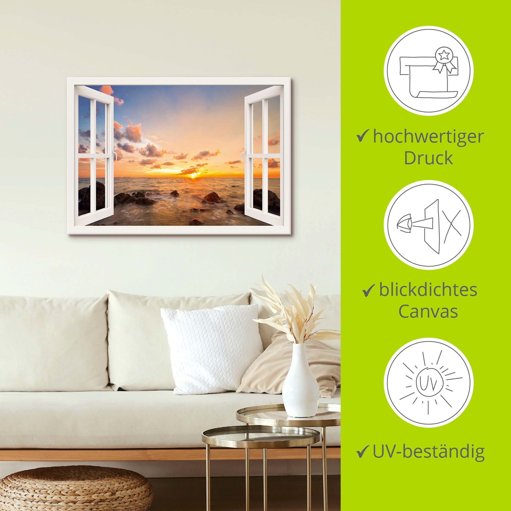 Artland Wandbild »Fensterblick Sonnenuntergang am Meer«, Fensterblick, (1 St.), als Alubild, Outdoorbild, Leinwandbild, Wandaufkleber, versch. Größen