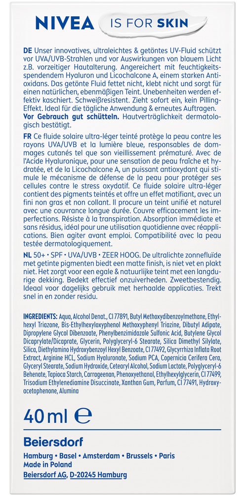 Nivea Sun Sonnenschutzfluid »Ultra Light Daily Fluid LSF 50+ +Hyaluron Light Tinted«, leicht getönt, schützt helle Haut vor UV-Strahlen
