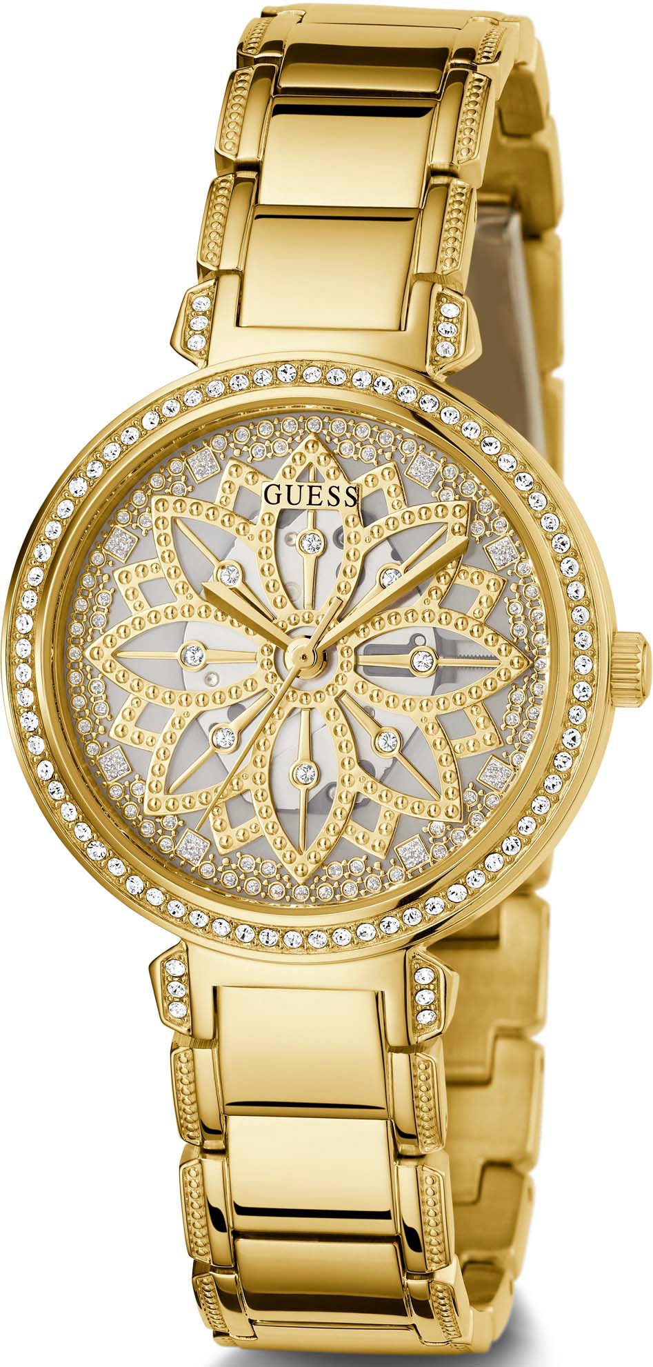 Guess Quarzuhr »LILY«, Armbanduhr, Damenuhr, analog, Kristallsteine, Edelstahlarmband