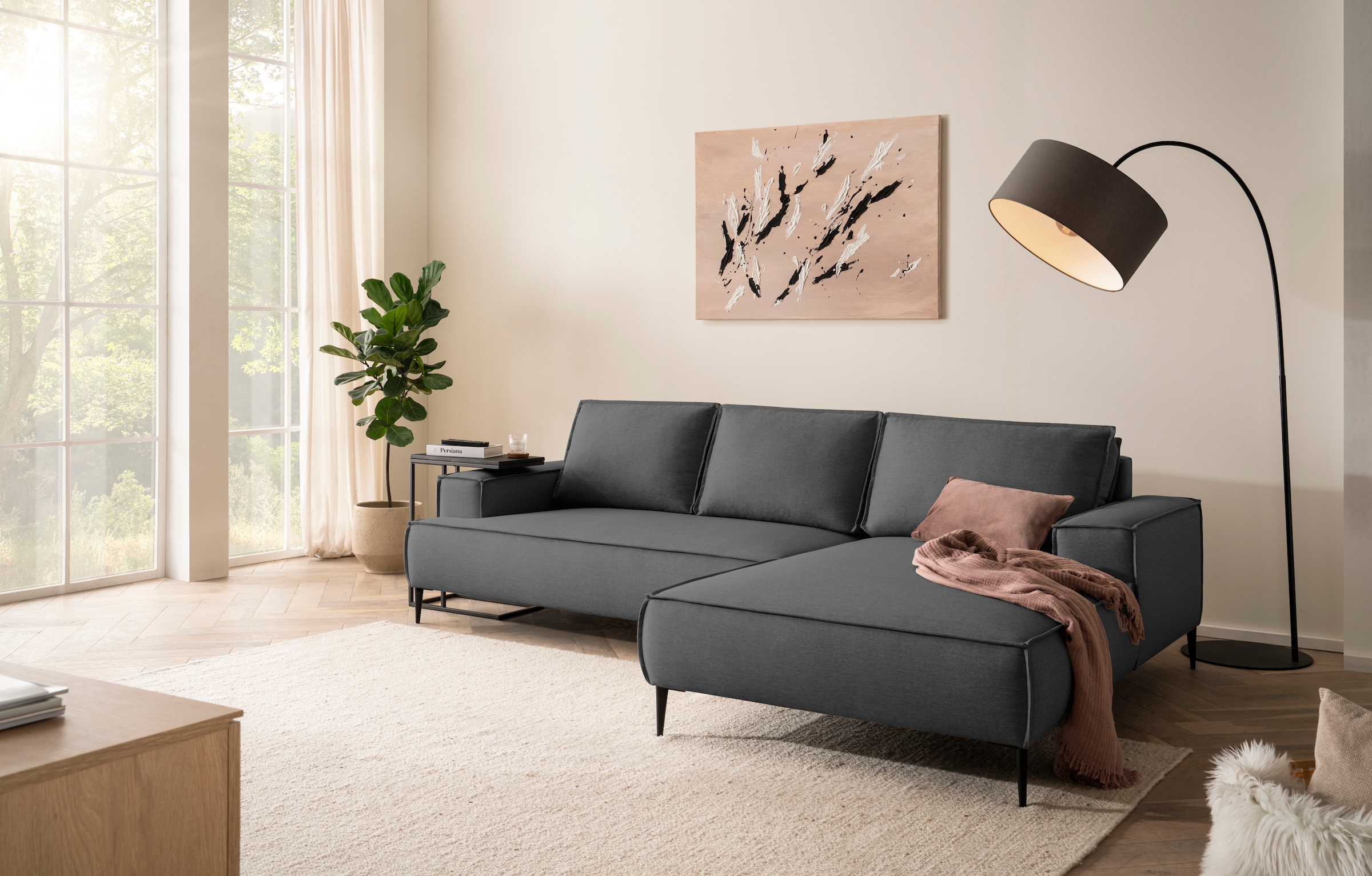 andas Ecksofa »TVINNU, L-Form, 275cm, in Cord und Flachgewebe«, wahlweise Recamiere rechts/links, schwarze Füße, bequemer Sitzkomfort