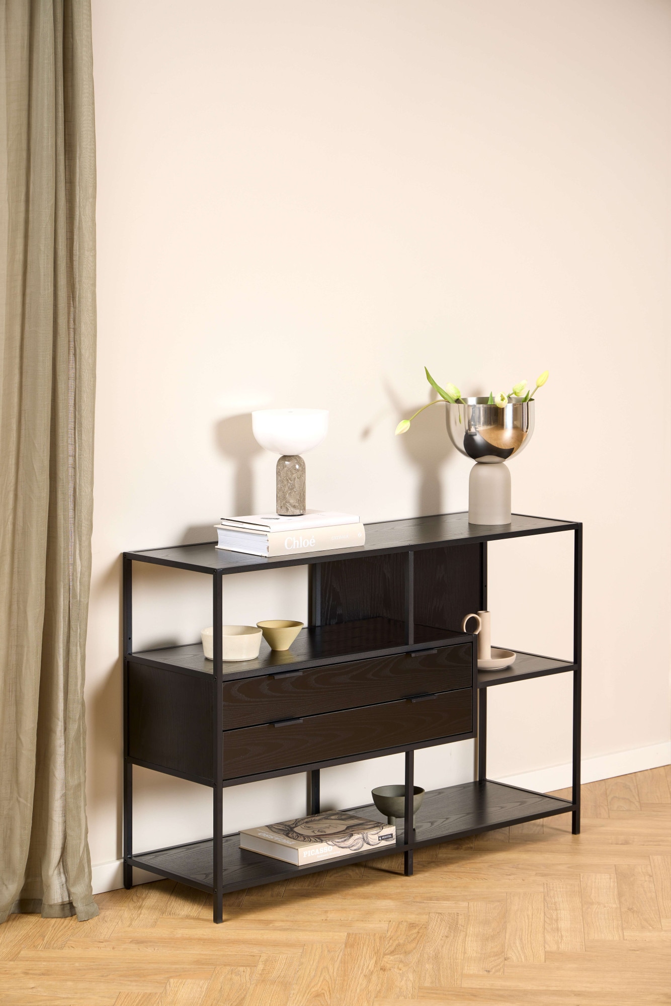 ACTONA GROUP Regal »Seaford, Standregal, Regal, Raumteiler« 114x35x78 cm,  schwarzer Stahlrahmen, 2 Schubladen, Wendemodul, Breite 114 cm