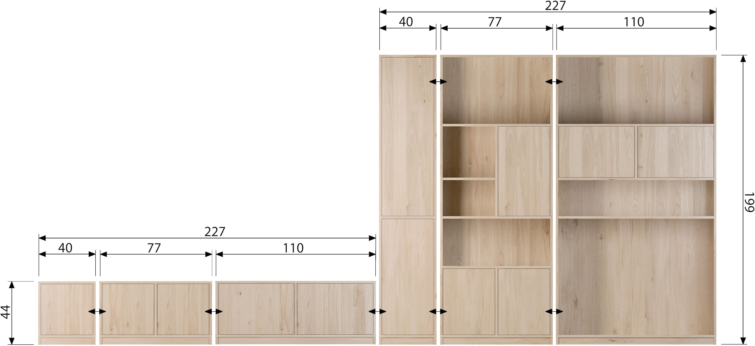 WOOOD Stauraumregal »Modulair mit Push-to-open und FSC® Eichenfurnier B110 x T40 x H199 cm« Vielfältige Fächergrößen, Tragkraft 15 kg pro Einlegeboden