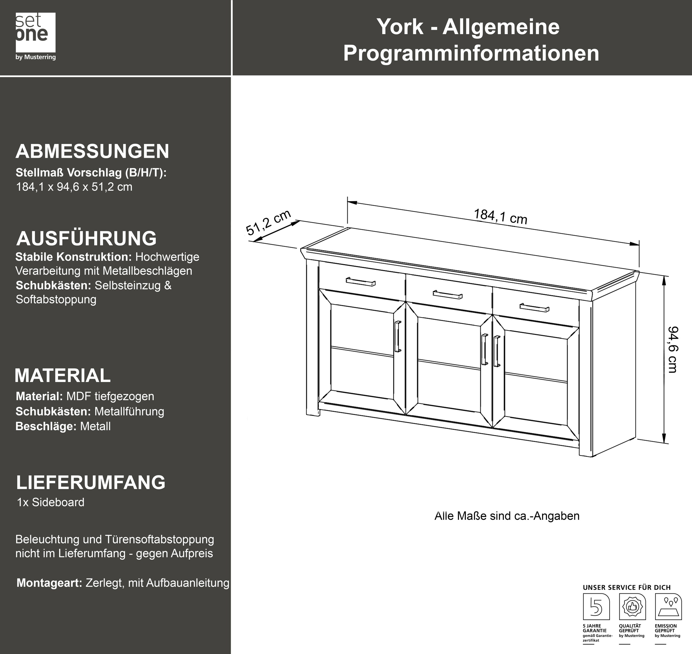 set one by Musterring Sideboard »York« Typ 52, in 3 Farbvarianten, Landhaus-Stil, B 184 x H 95 cm