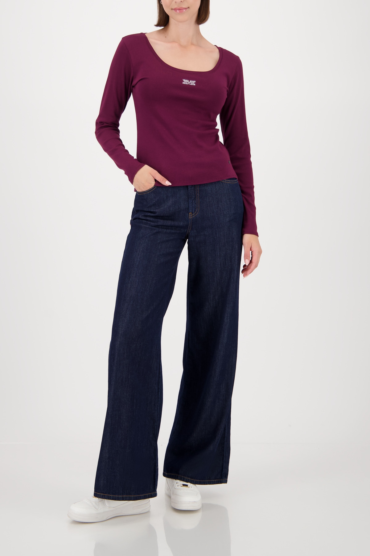 Monari Langarmshirt »Shirt Rippe Schmuck« Mit weitem Rundhalsausschnitt