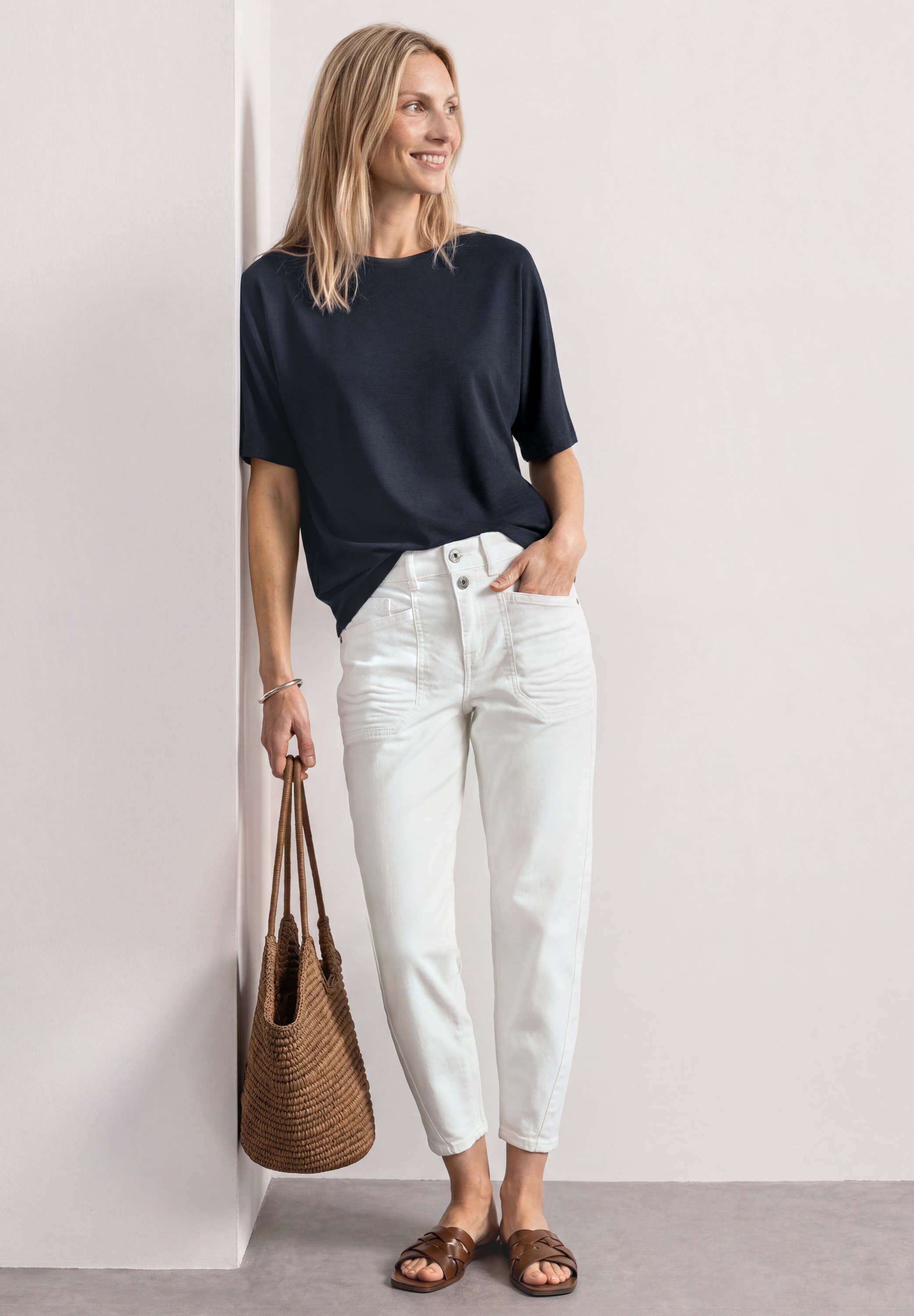 STREET ONE Rundhalsshirt Sommershirt mit Boat Neck und Elastikbund