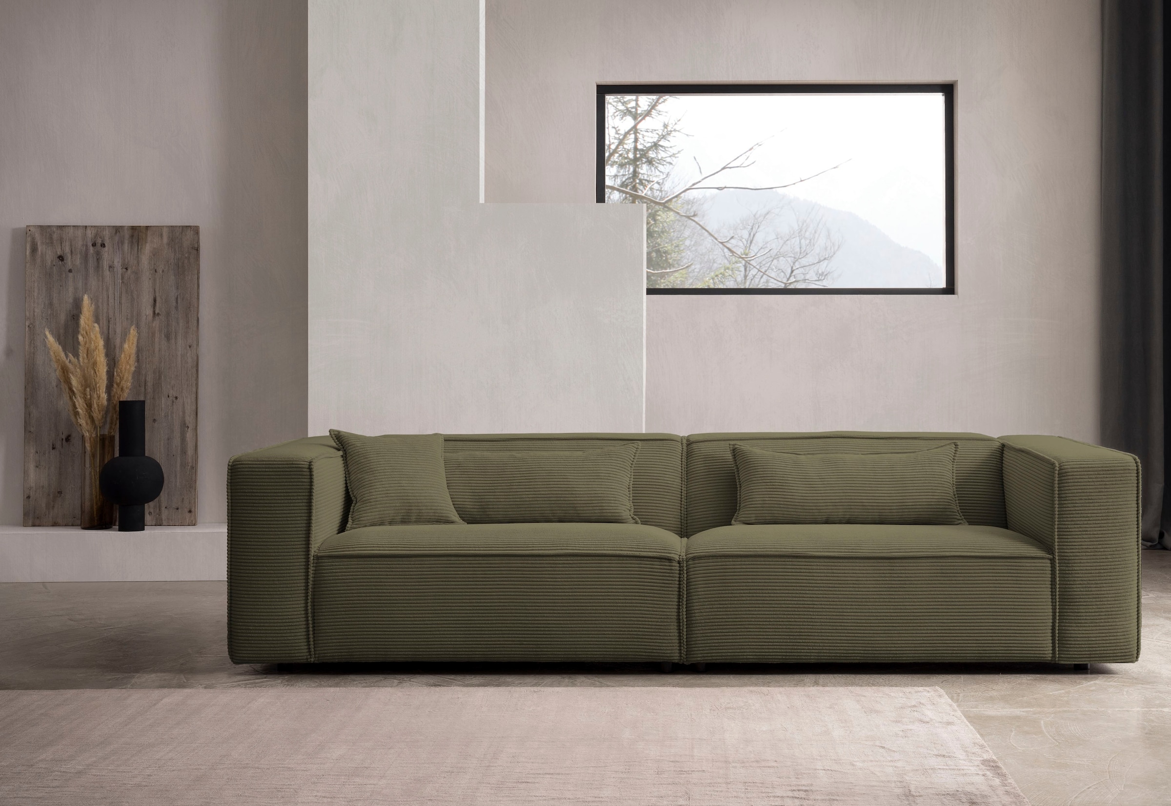 LeGer Home by Lena Gercke 3-Sitzer »PIARA, Couch mit Kedernaht, Sofa in Cord oder Leinenoptik«, schwarze Füße, bequemer Sitzkomfort