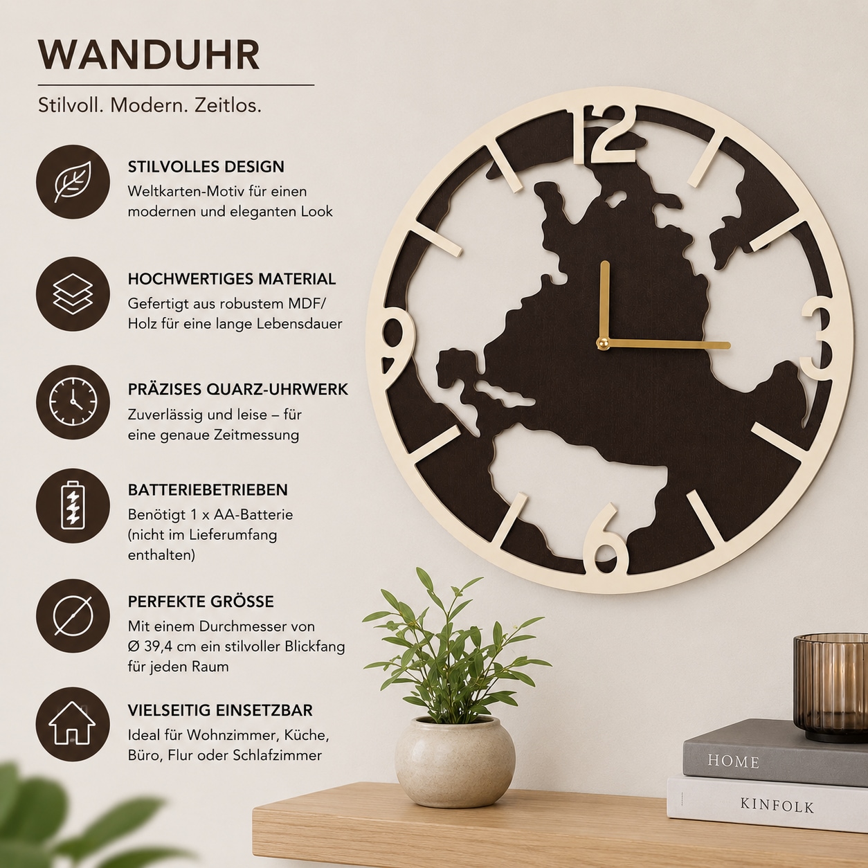 OTTO home Uhr »runde Wanduhr mit Quarzuhrwerk, ca.39,5cm« aus MDF mit goldfarbenen Zeigern, Landkarte, Weltkarte