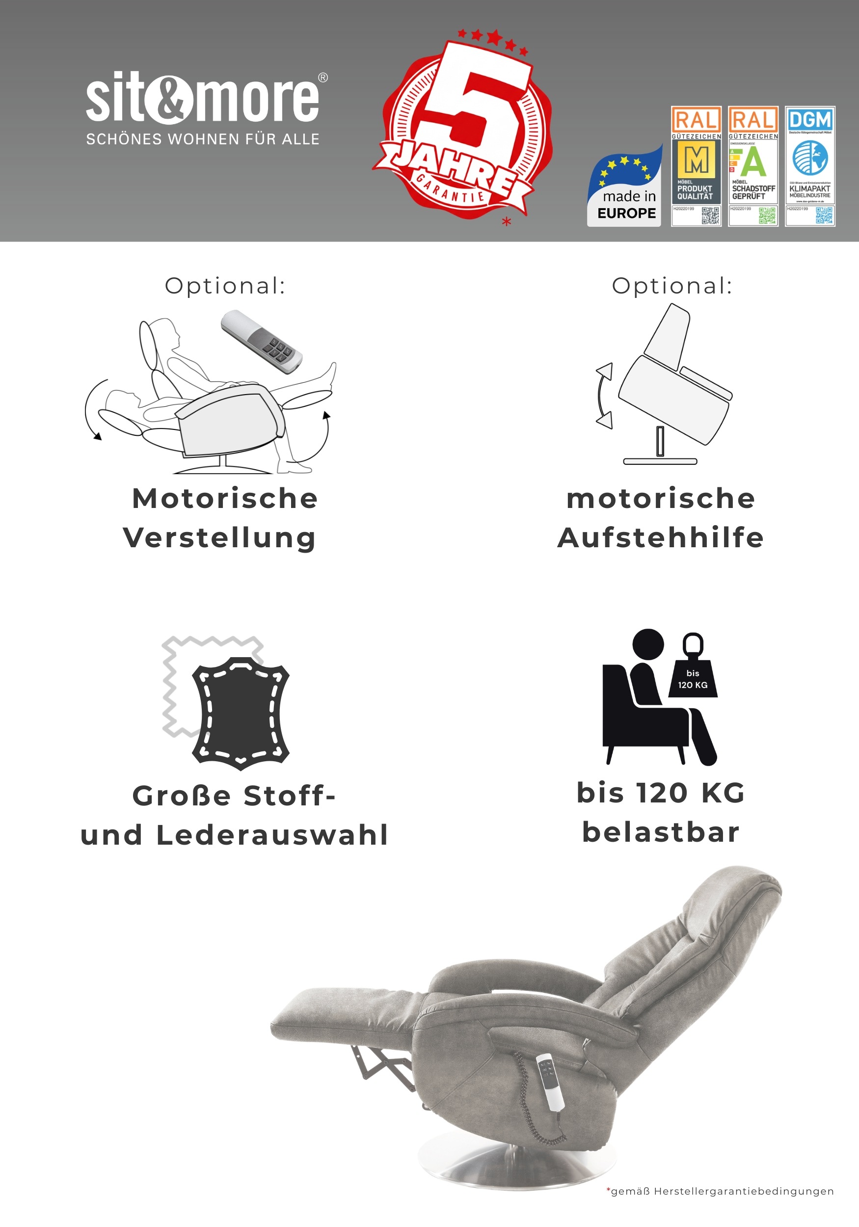 sit&more TV-Sessel »Enjoy« in Grösse S, oder M , oder L , wahlweise mit Motor und Aufstehhilfe