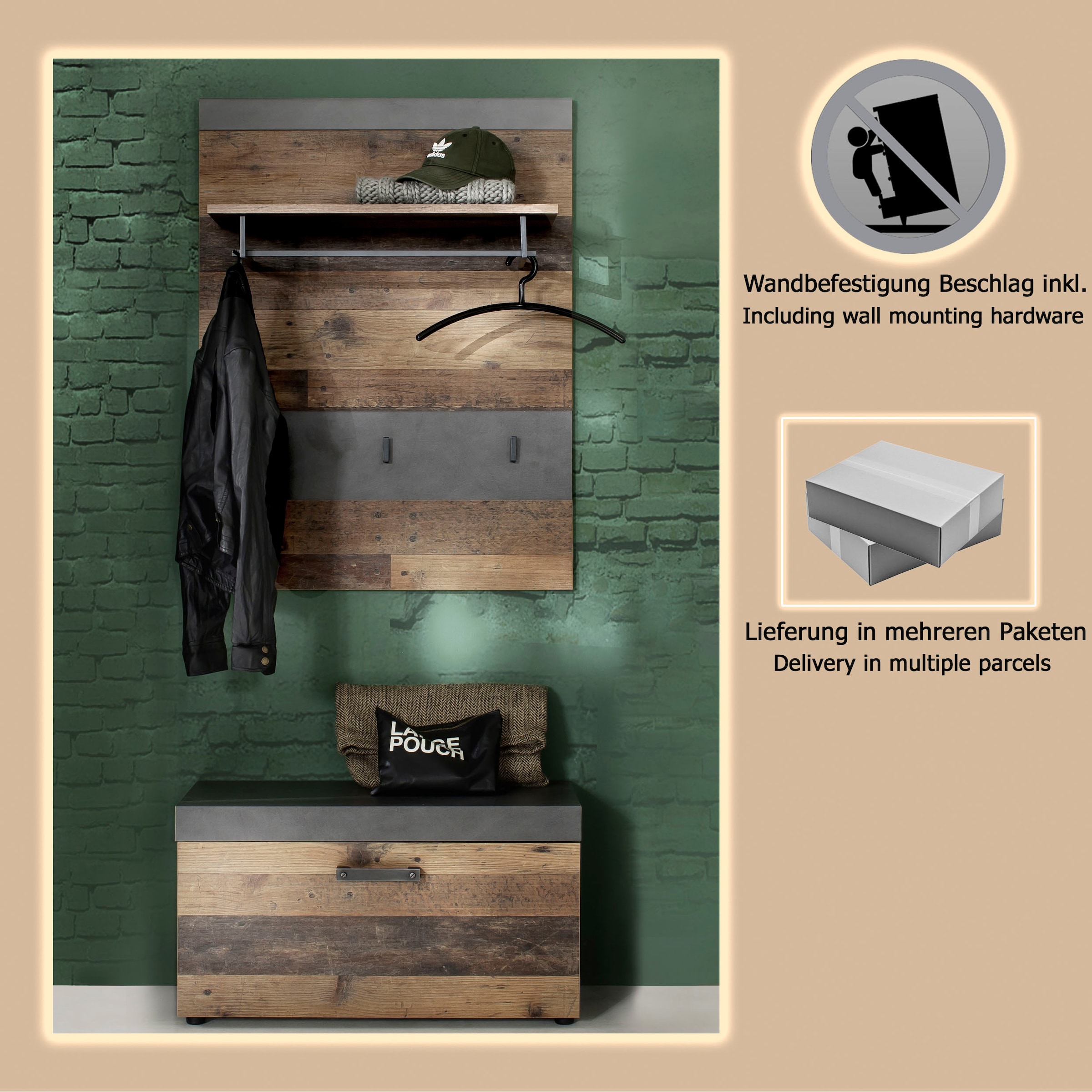 INOSIGN Garderoben-Set »Ilana« Set, 2 Stk. tlg. Garderobenmöbel im modernen Industrial Style mit antikfarbenen Griffen