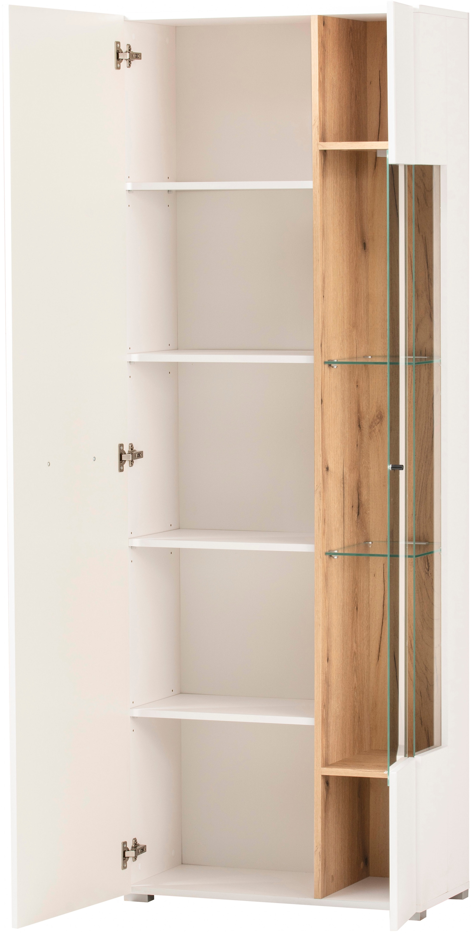 INOSIGN Vitrine »Salerno Hochschrank, Glasvitrine, Weiß mit Eiche Evoke Dekor, modern.«, Metallgriffe, ausreichend Stauraum, vielseitig einsetzbar, 72 cm breit