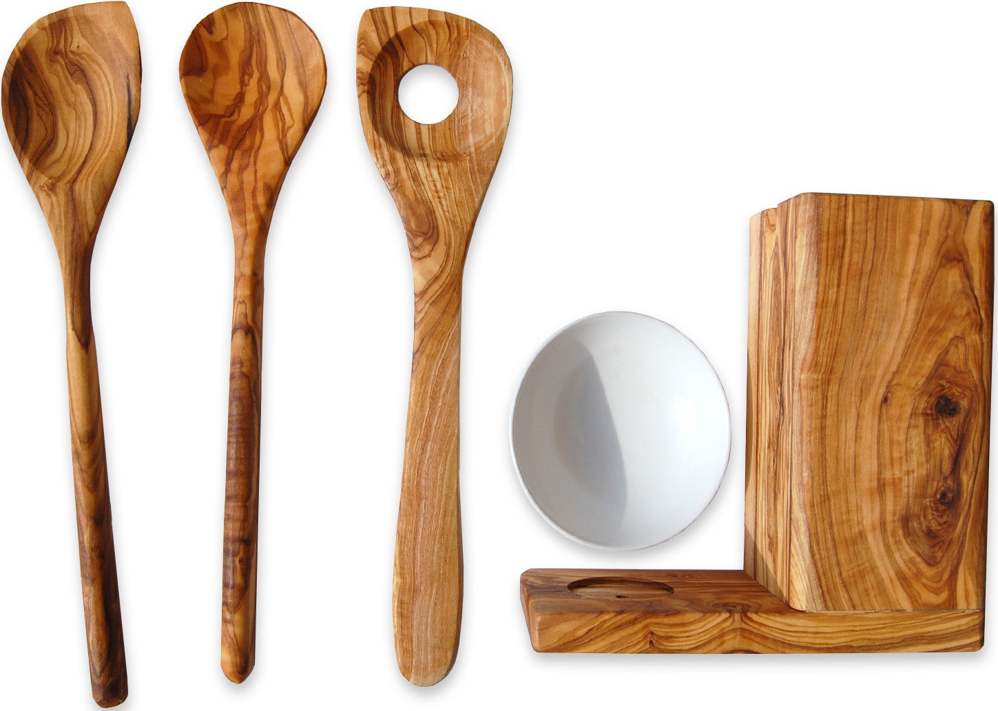 Olivenholz-Erleben Kochbesteck-Set »ALL-IN aus naturbelassenem Olivenholz und Porzellan« Mediterraner Look, inklusive Porzellanschale, plastikfrei...