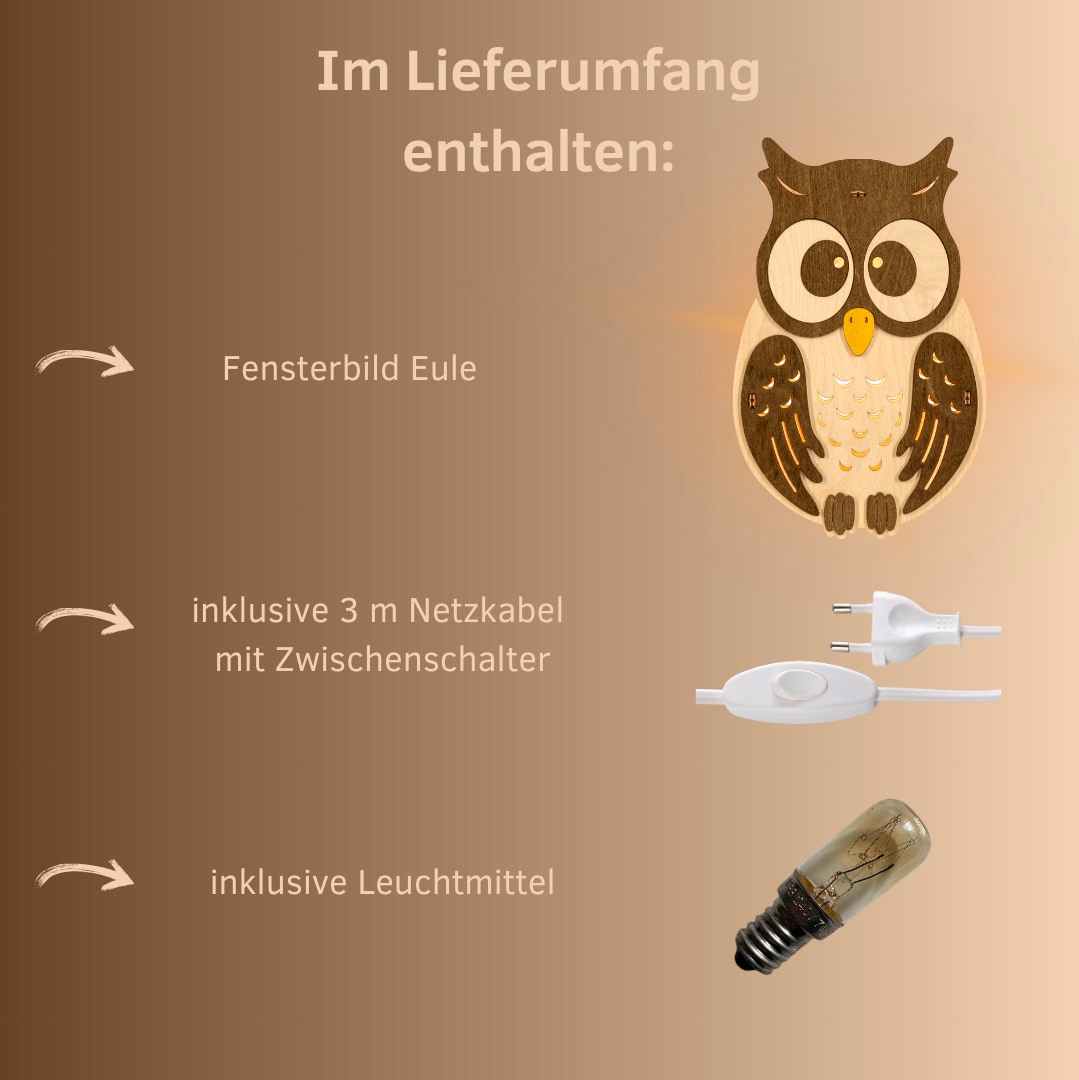 Weigla Beleuchtetes Fensterbild »Eule, Fensterdekoration aus Holz, NATUR-BRAUN«, Erzgebirge garantiert, Herbstdeko Innen Holz, Fensterbeleuchtung