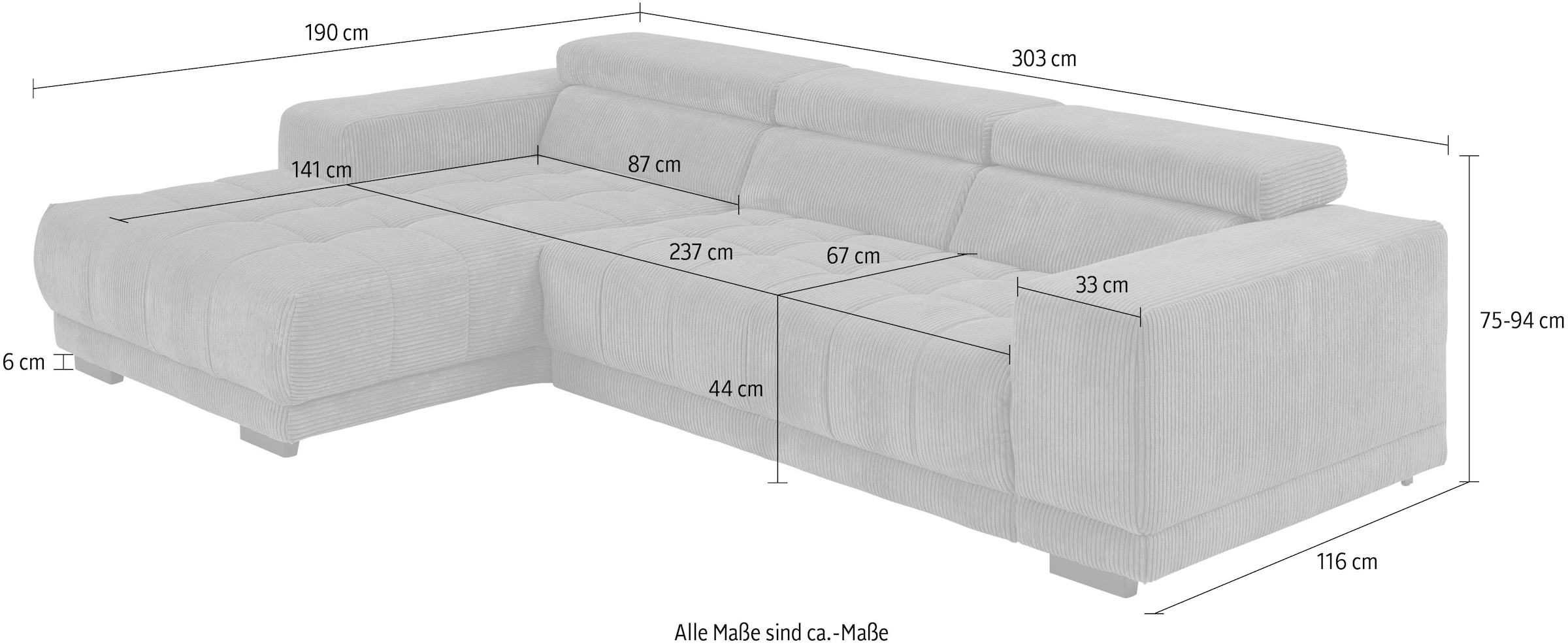 Die PlanBar Ecksofa »MP-IN15053 L-Form schmaler Schenkel« mit Kopfteilverstellung, wahlweise mit manueller Vorziehbank