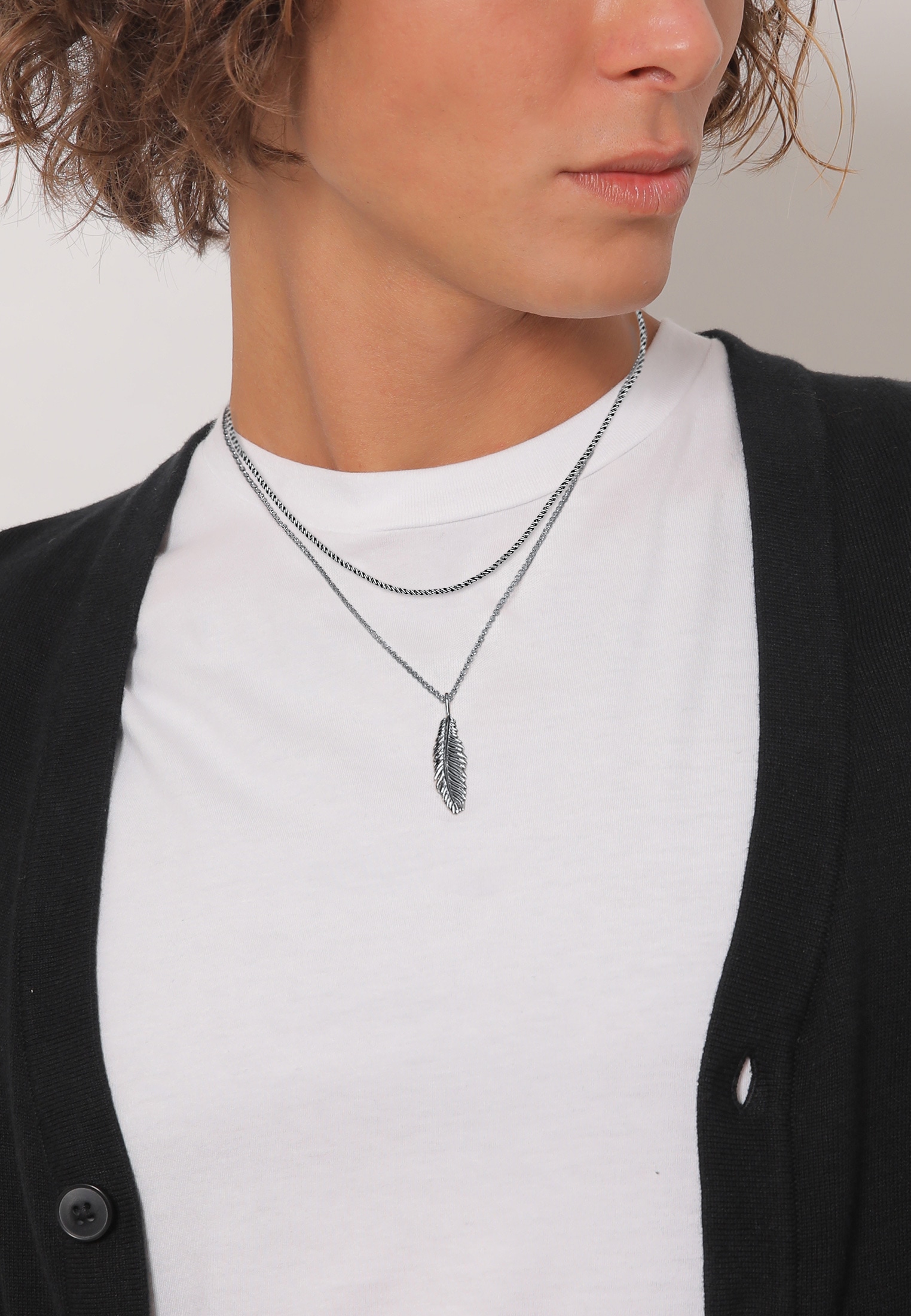 Kuzzoi Ohrring und Ketten Set »Halskette Layer mit Feder Anhänger 925 Sterling Silber Oxidiert«
