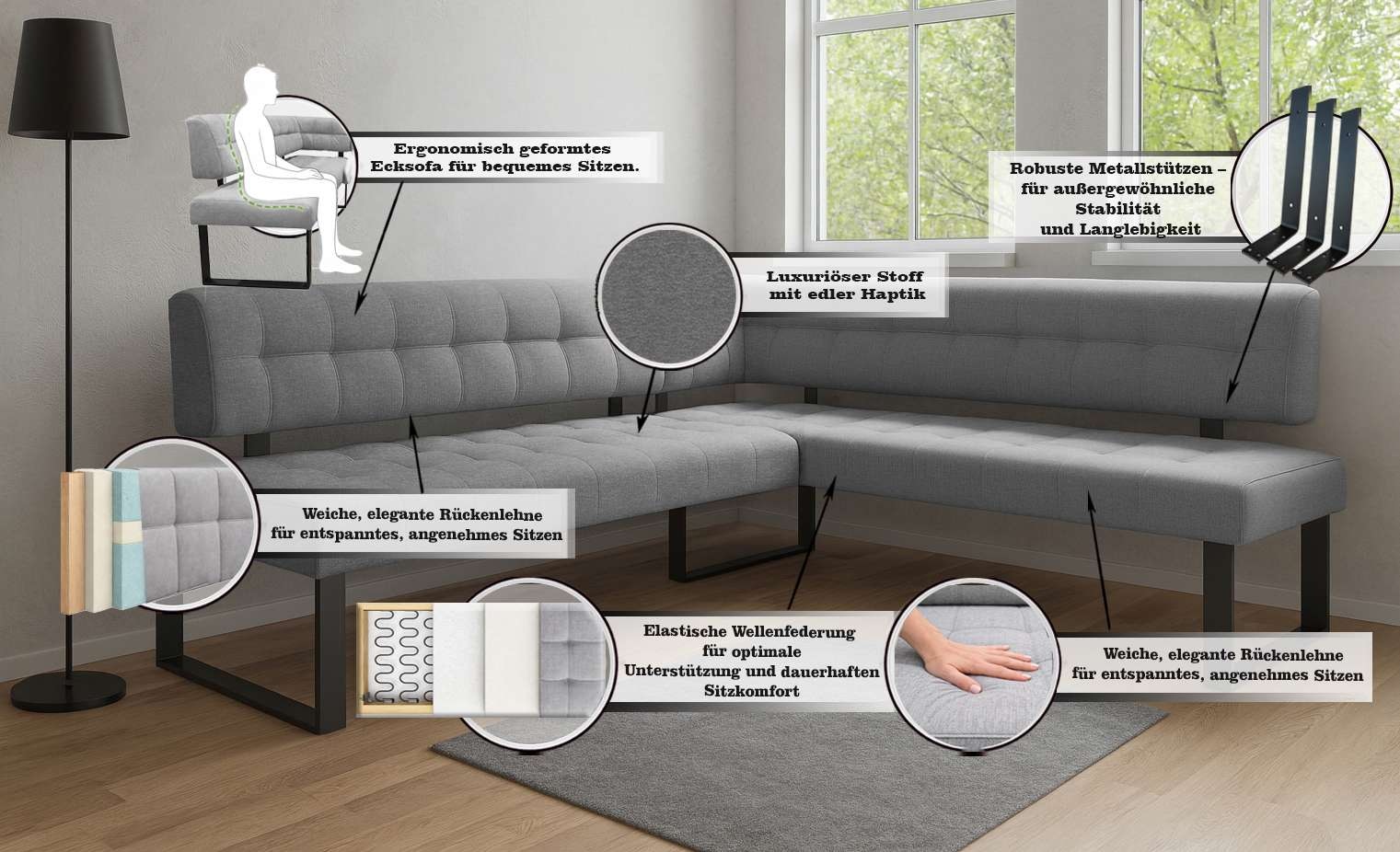 Home affaire Eckbank »Mia Küchenbank, Polsterbank, Esszimmerbank, 207x167 cm« Moderne Bank und  Farben, Sitzplatzanzahl: 5, Frei in Raum stellbar