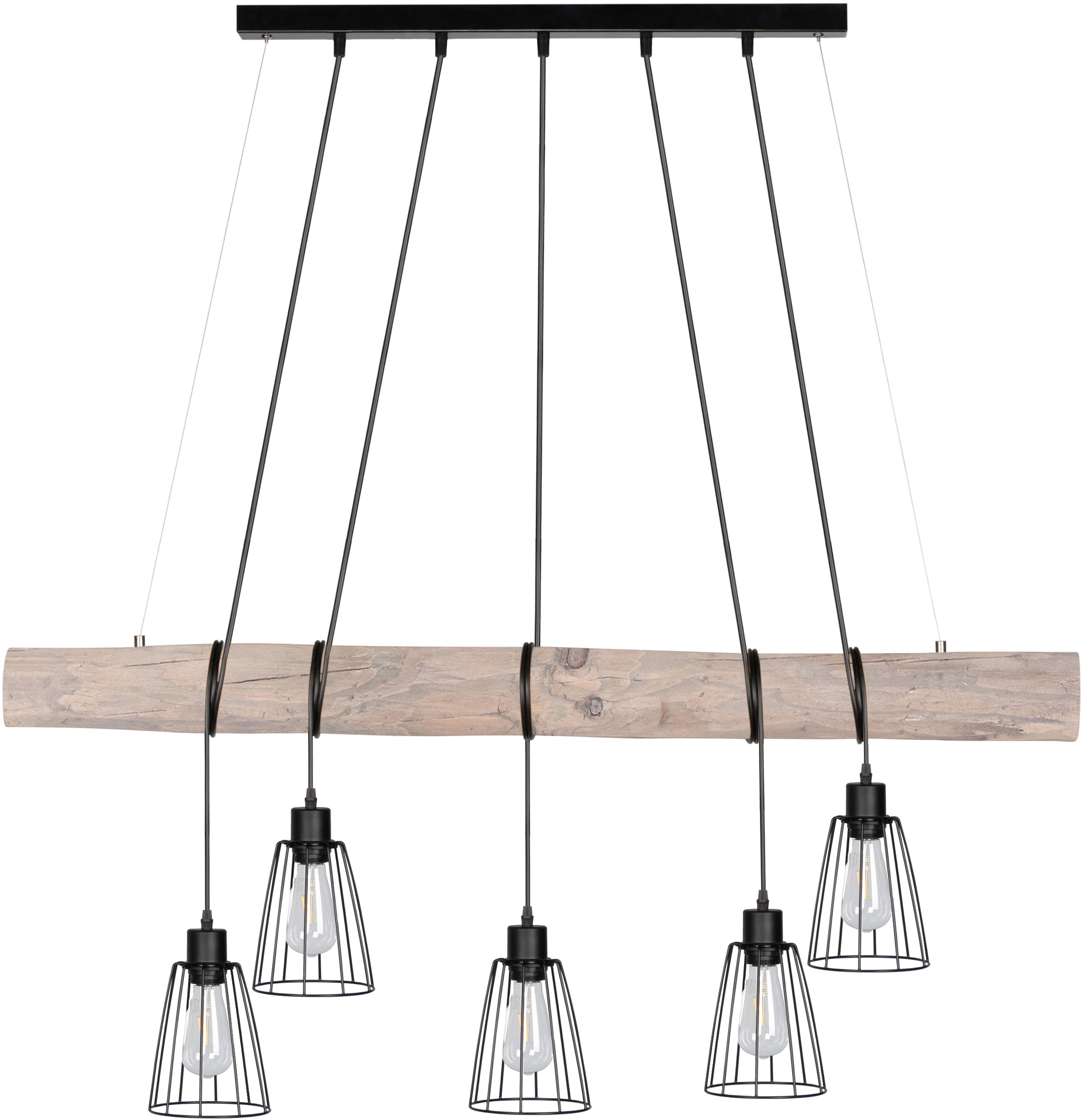 SPOT Light Pendelleuchte »TRABO LONG«, E27, Hängeleuchte, Holzbalken aus massivem Kiefernholz Ø 8-12 cm, Holz grau gebeizt, Offene Metallschirme, Passende LM E27/exklusive, Made in Europe