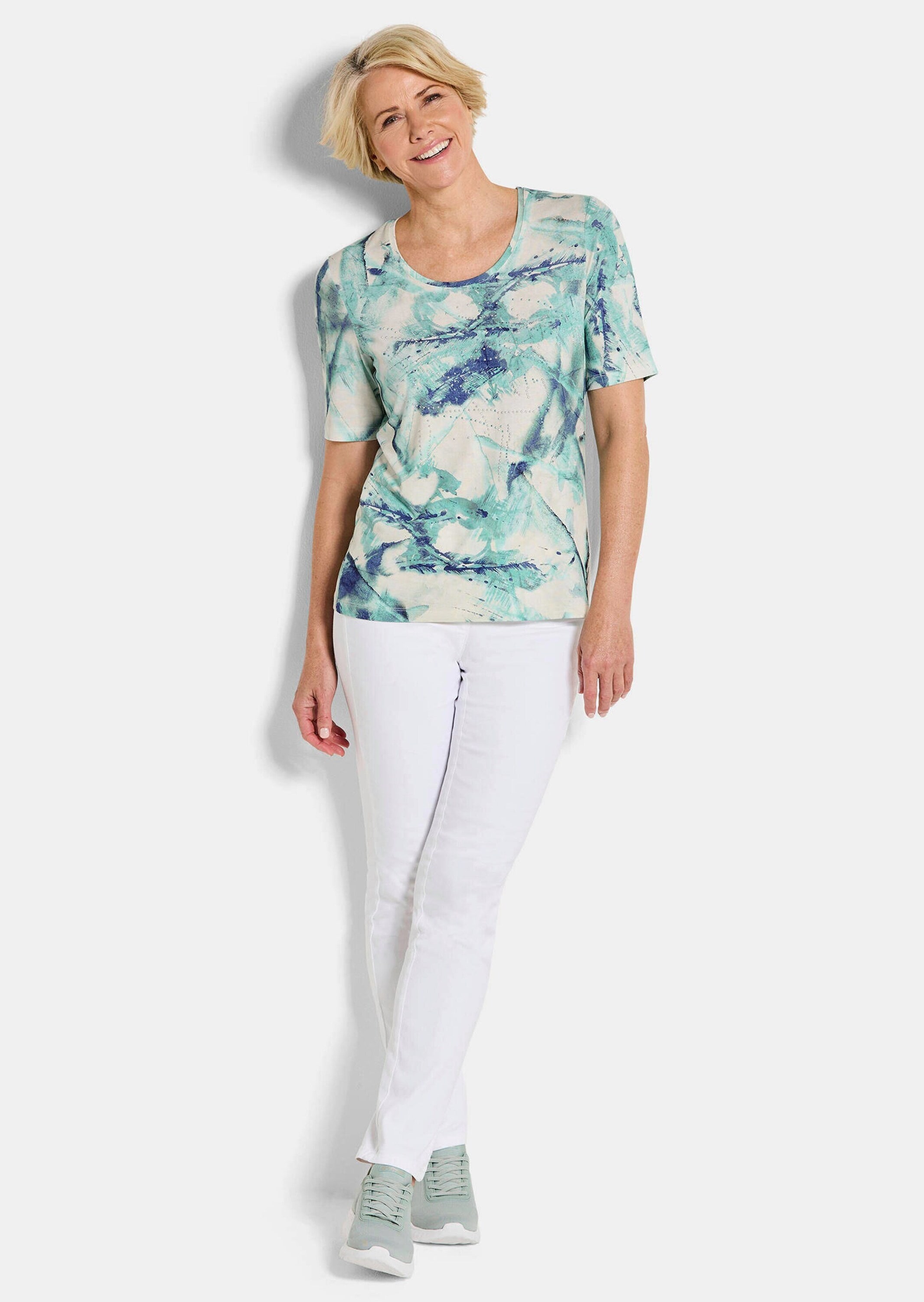 GOLDNER Print-Shirt »Kurzgröße Cityshirt mit Glitzersteinen« stretchbequemer Viskosejersey