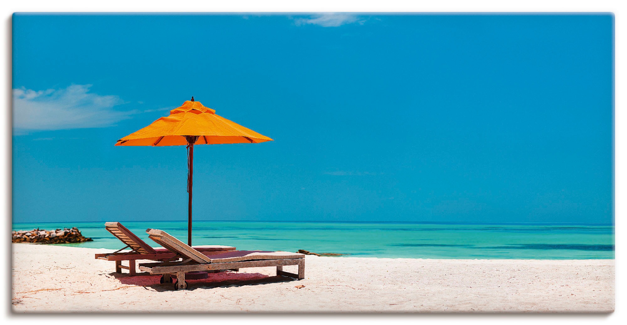 Artland Wandbild »Liegestuhl Sonnenschirm Strand Malediven«, Strand, (1 St.), in vielen Größen & Produktarten - Alubild / Outdoorbild für den Außenbereich, Leinwandbild, Poster, Wandaufkleber / Wandtattoo auch für Badezimmer geeignet