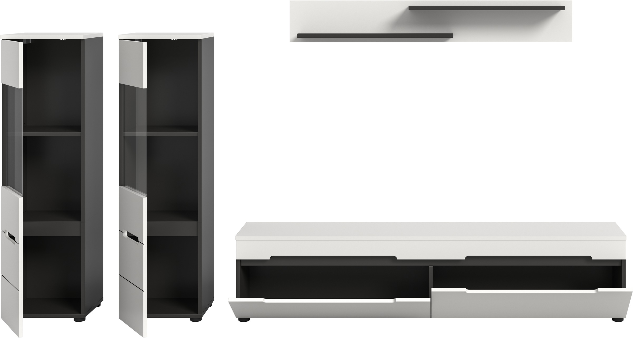 Home affaire Wohnwand »REHAT, TOPSELLER!, 4-teilig, wahlweise stehend und hängend montierbar« Set bestehend aus: 2x Vitrine, Lowboard und Wandboard, 3 Stk. tlg.