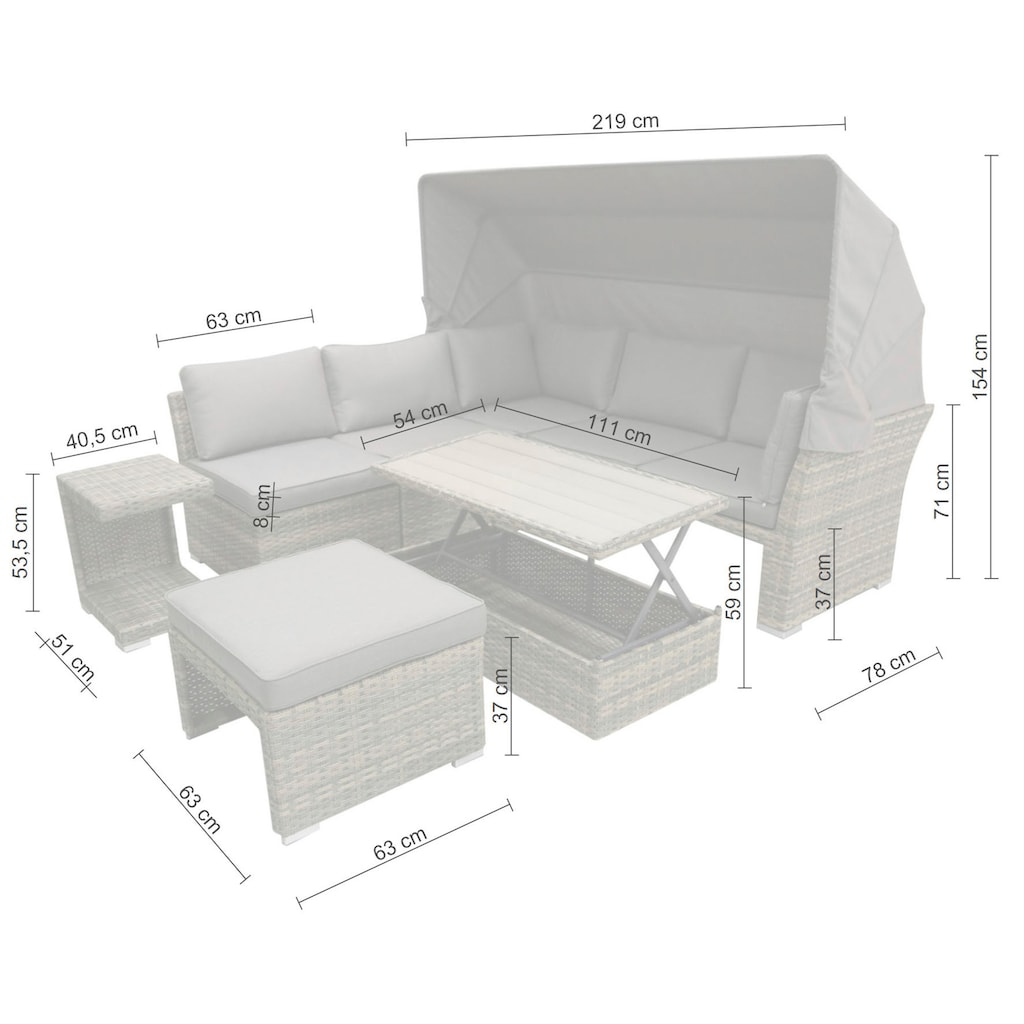 KONIFERA Gartenlounge-Set »Hawaii Premium«, (Set, 19 tlg., 1x3erSofa, 2xSessel, 1xHocker, 1xBeistelltisch, 1xTisch 111x54x59cm), mit aufklappbarem Dach und zur Sonneninsel umbaubar, Aluminium