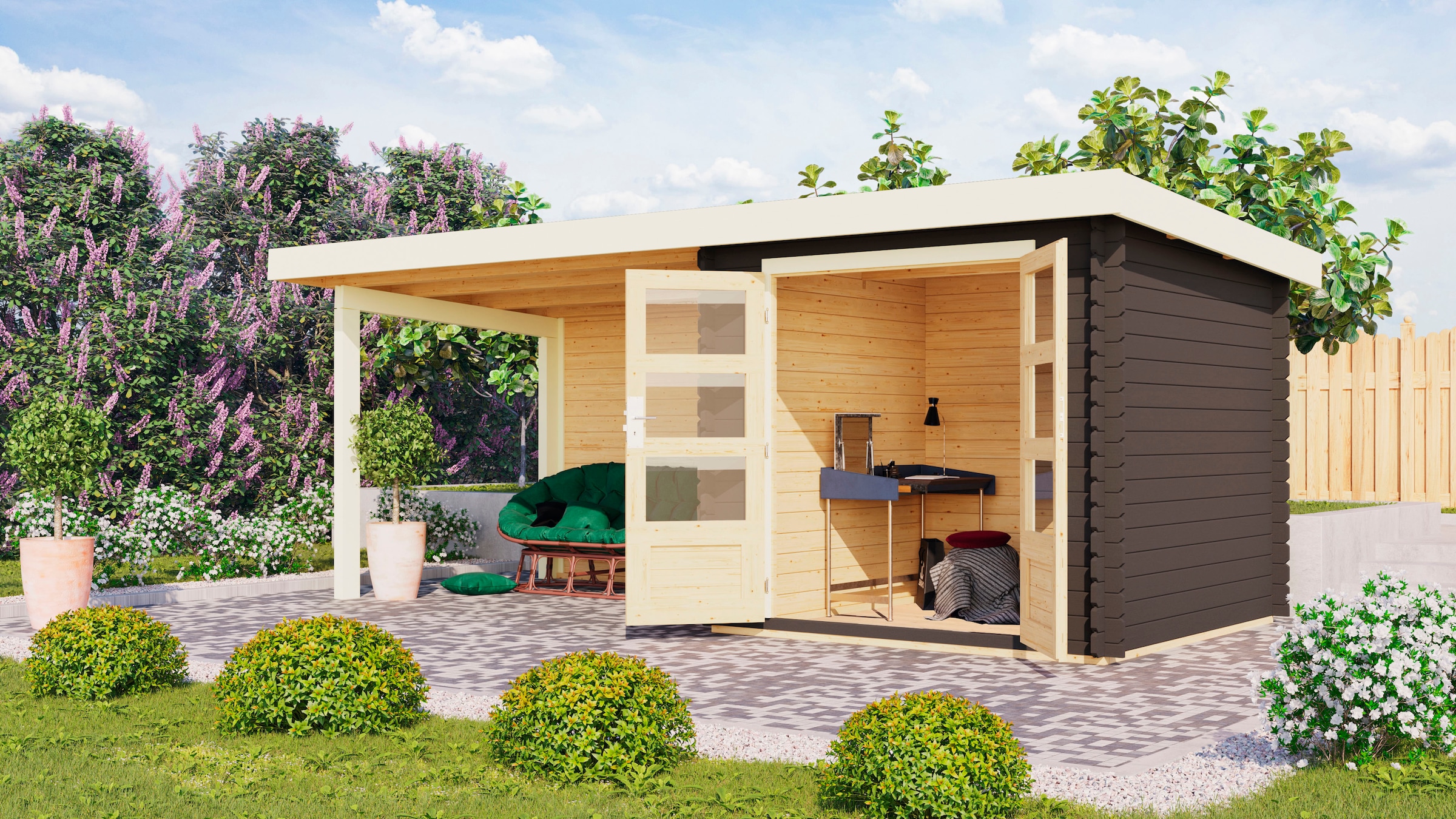 Karibu Gartenhaus »Schloßsee 2«, mit Anbaudach und Rückwand