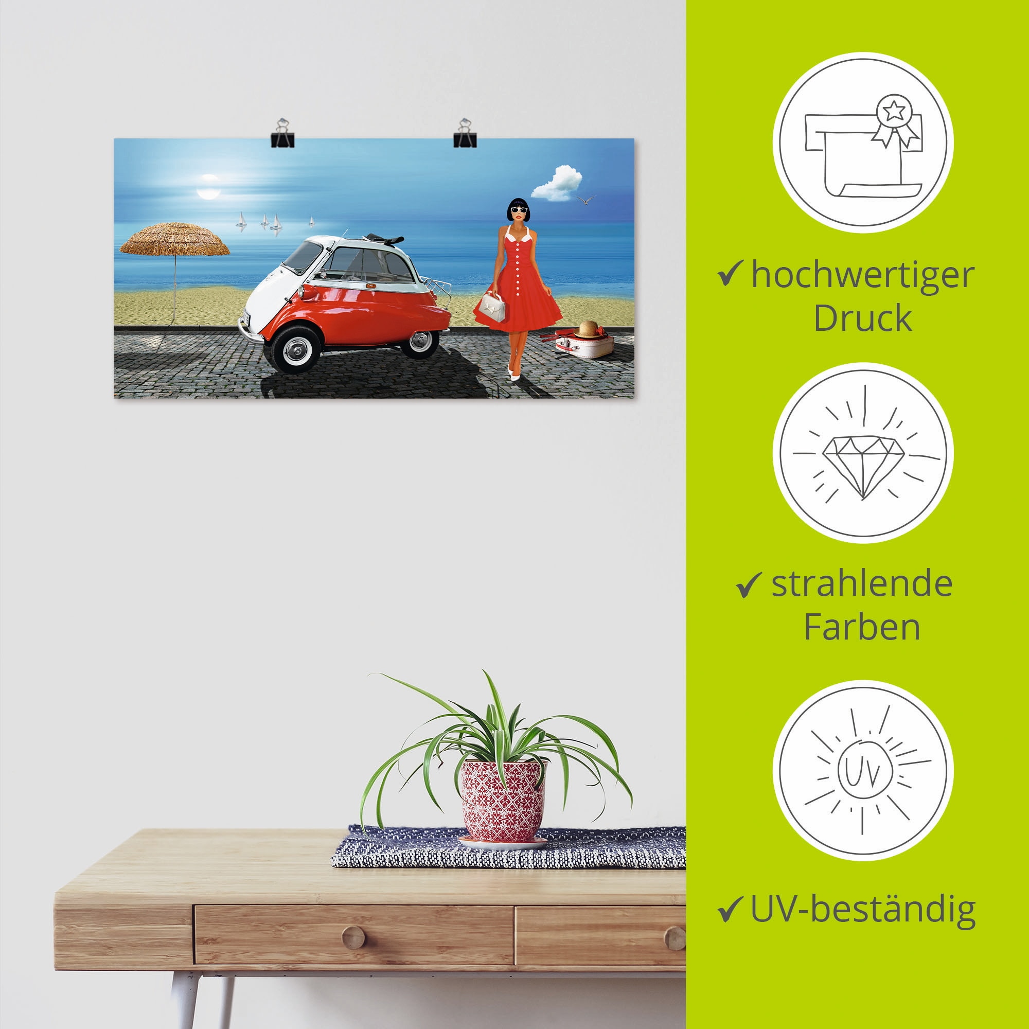 Artland Poster »Urlaub in den 60er Jahren«, Frau, (1 St.), als Leinwandbild, Wandaufkleber oder Poster in versch. Größen