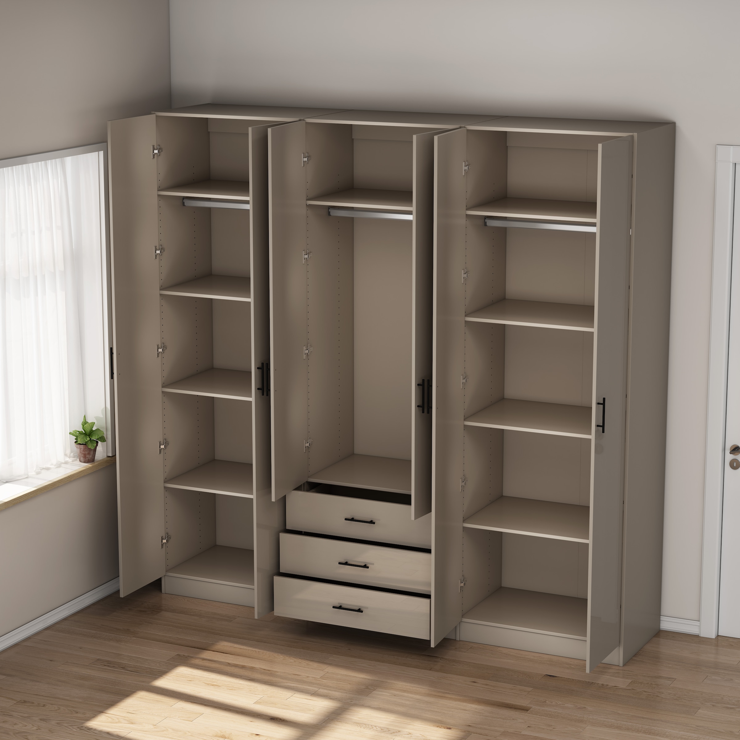 OTTO home Kleiderschrank »Trento Schlafzimmerschrank Garderobe hochglanz« in 2 unterschiedlichen Schrankhöhen wählbar,  Schrank mit 6 Türen und 3 Schubladen, hochglanz Fronten, Höhe 2,39m