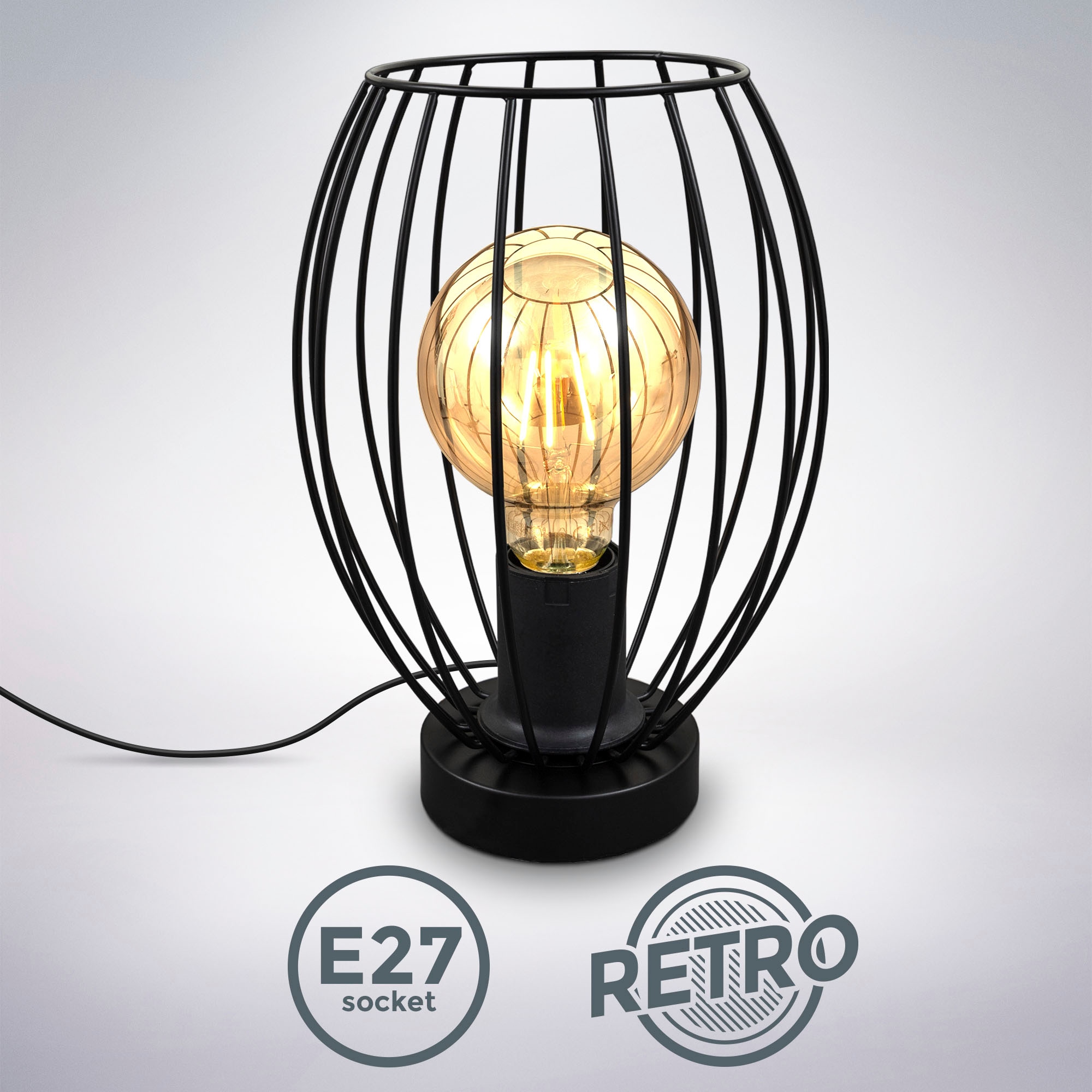 Retro-Tischlampe, kaufen 1 Shop B.K.Licht Online ohne OTTO flammig-flammig, E27-Fassung, Kabelschalter, Metall, Ø17,5cm »BK_TL1463 im inkl. Schwarz«, Leuchtmittel, Tischleuchte