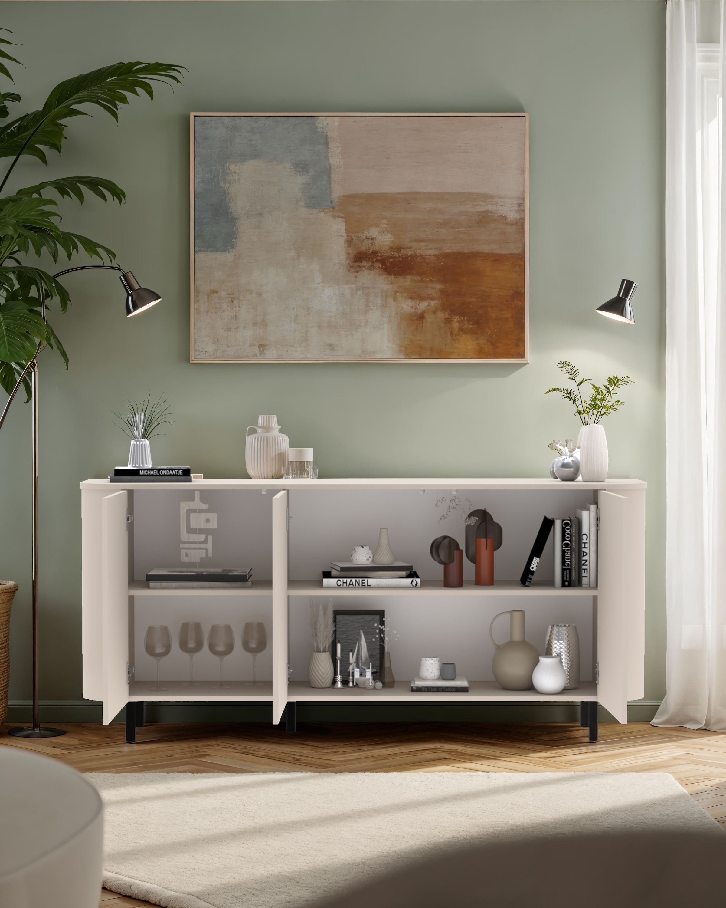 OTTO home Sideboard »Lido, 181 cm breit, 3 Türen, Anrichte, Kommode, Stauraumschrank« Formgebogenes MDF, Stirnseiten mit Rundung, Push-to-open, Metallfüße