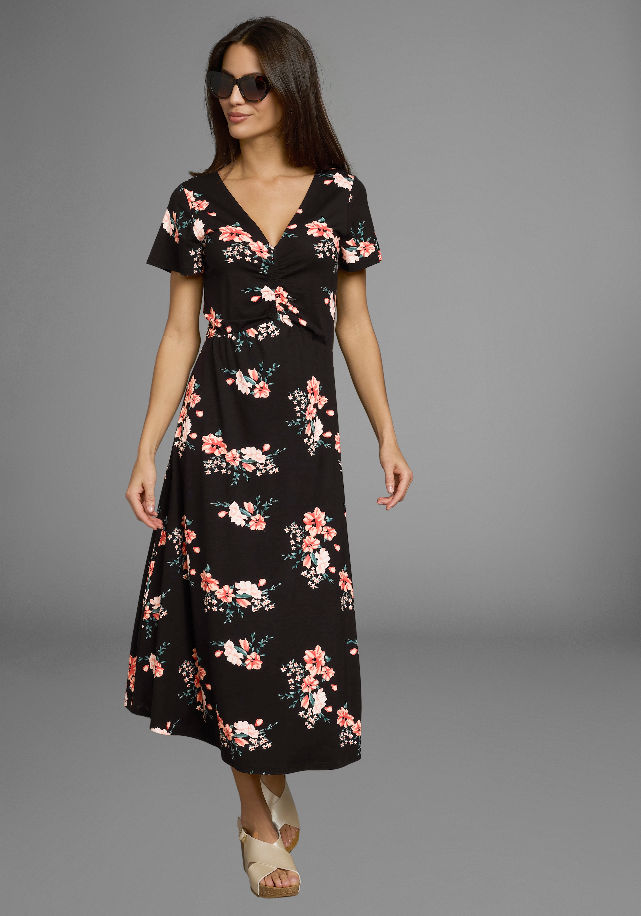 Laura Scott Jerseykleid mit romantischem Blumendruck und Raffung, Midikleid