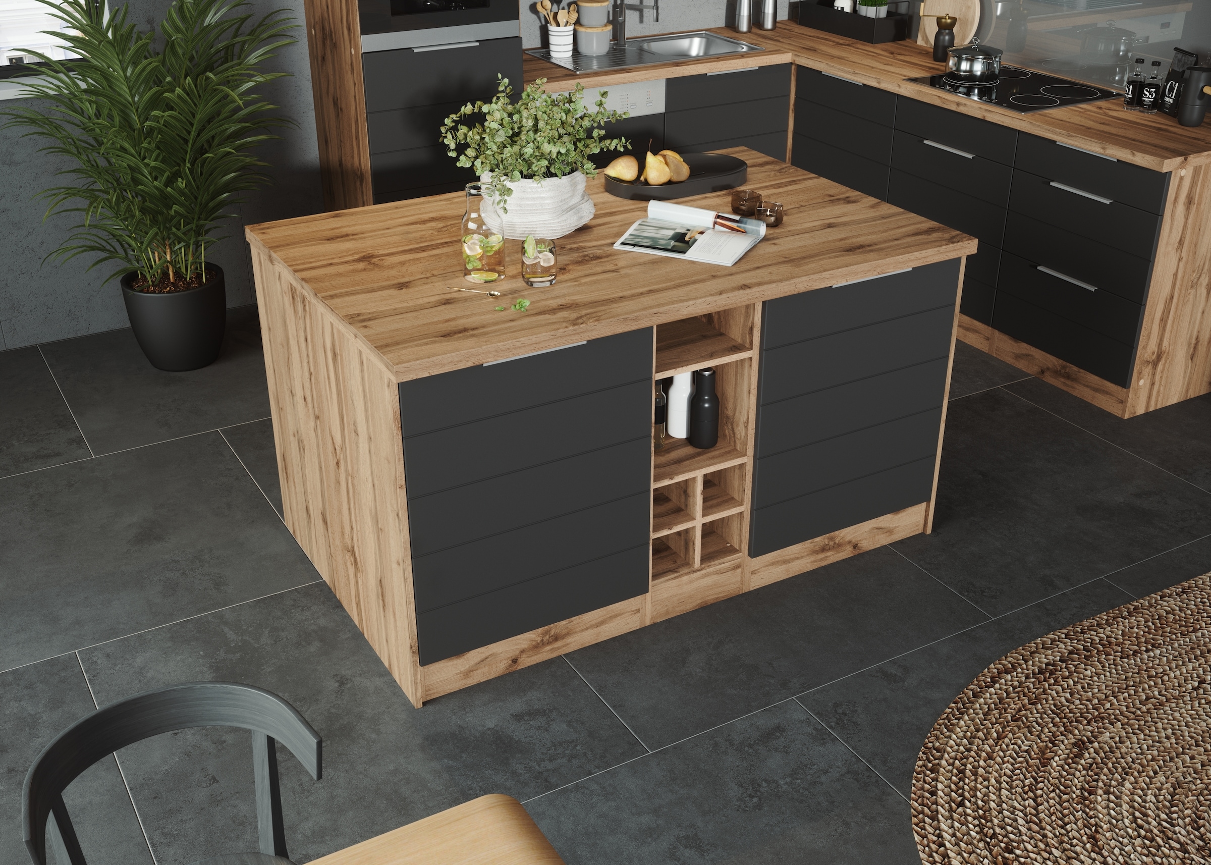 KOCHSTATION Kücheninsel »KS-Luhe, Breite 153 cm, mit Flaschenregal« MDF-Fronten, Arbeitsplatte 38mm stark