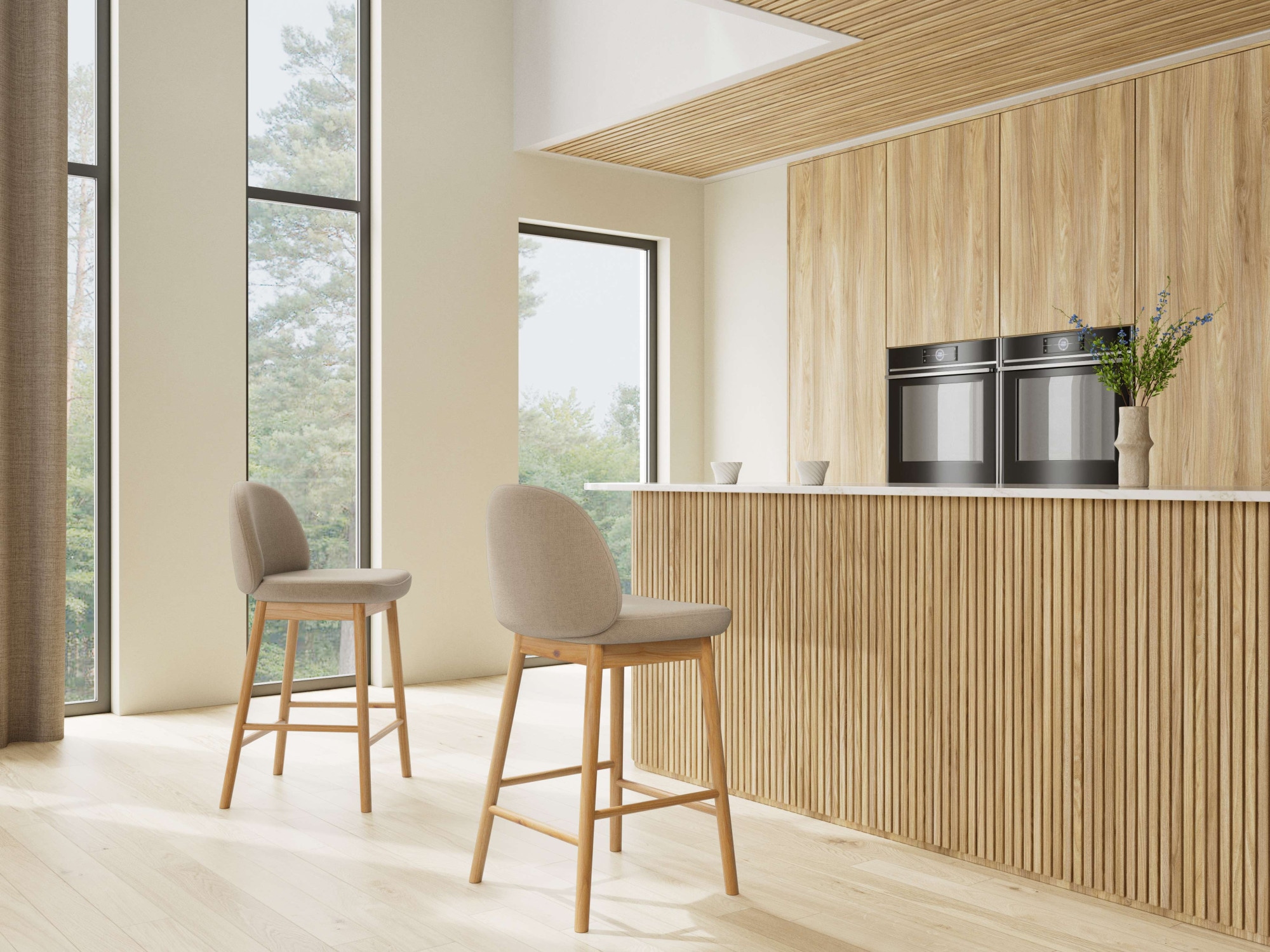 ACTONA GROUP Barhocker »Sophia - Bequemer Barstuhl aus Eiche mit Fußstütze & Rückenlehne« Set, 2 Stk. tlg. Skandinavisches Design, Sitz aus Stoff, für Küche & Essbereich
