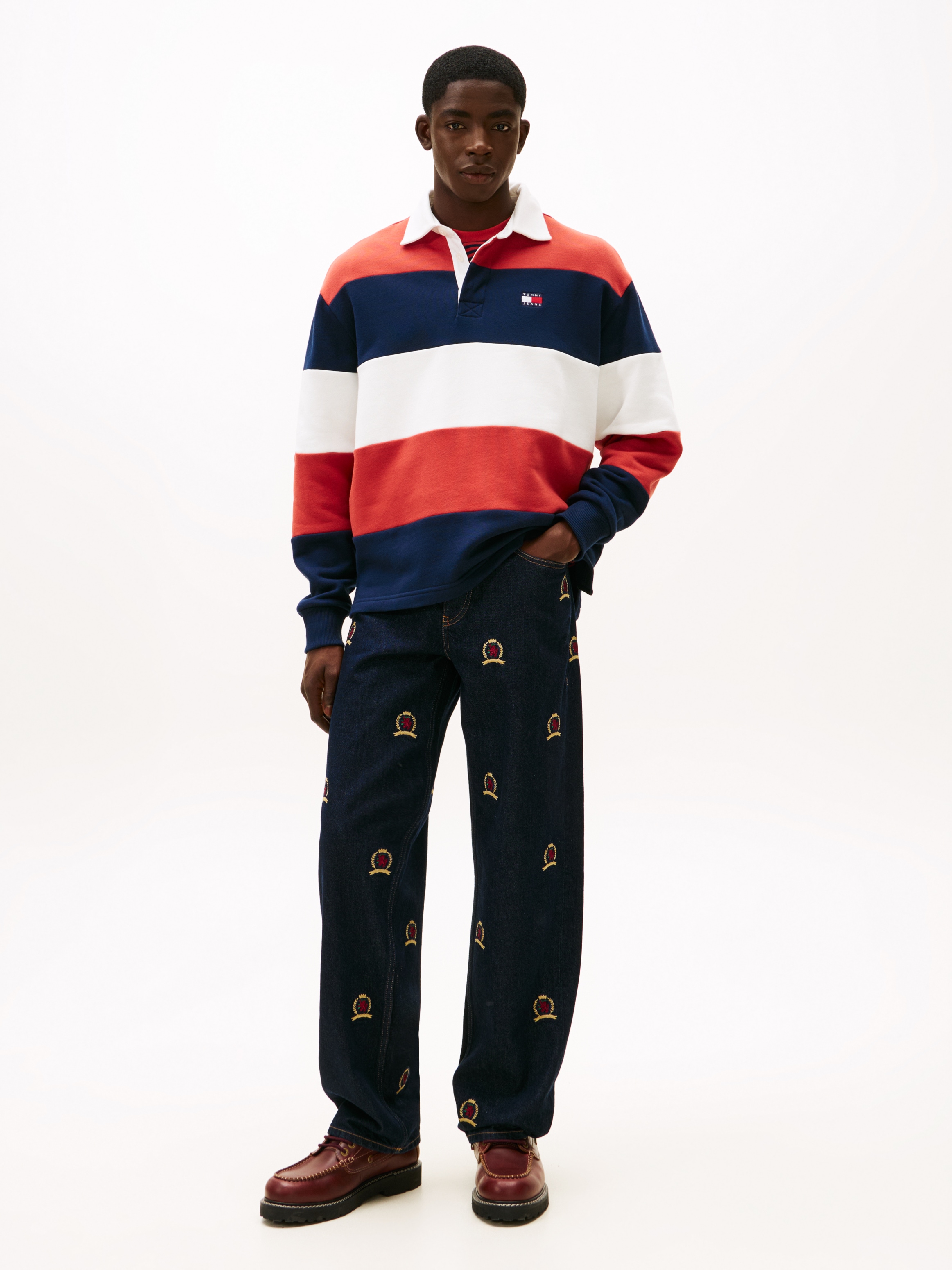 Tommy Jeans Rugbyshirt »TJM BADGE STRIPE« relaxed fit, gestreift, Rugby-Kragen, verdeckte Knopfleiste