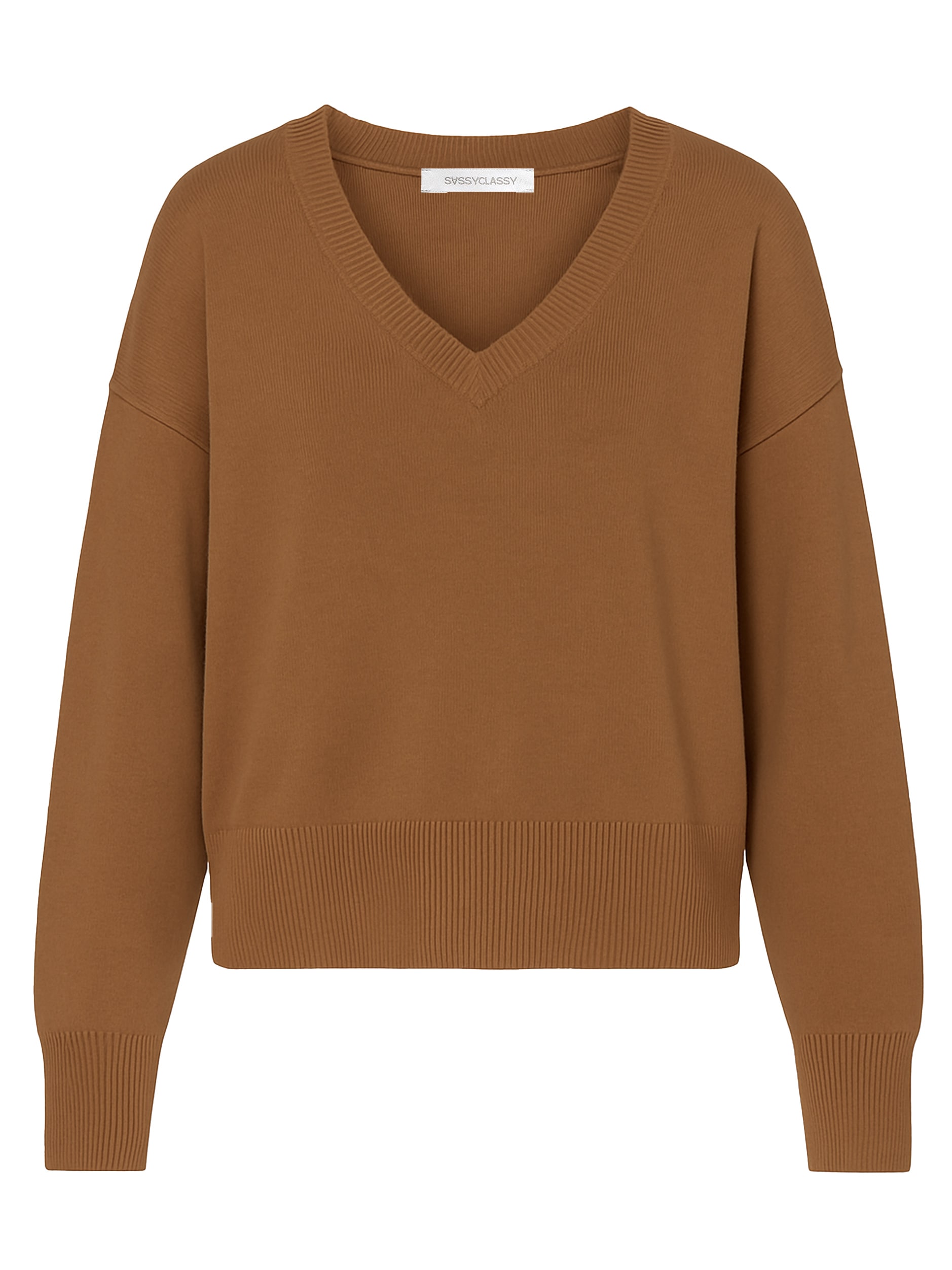 SASSYCLASSY Longpullover »Oversize Baumwoll-Pullover mit tiefem V-Ausschnitt« Lässiger Pullover mit V-Ausschnitt und gerippten Abschlüssen