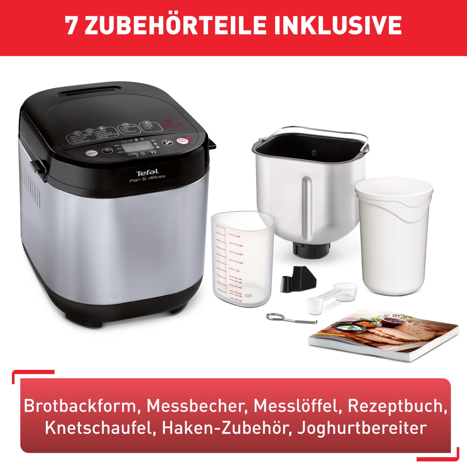 Tefal Brotbackautomat »Pain & Délices, 20 Backprogramme, 3 Brotgrößen und Bräunungsgrade«, 20 Programme, 610 W, auch für Pizza-/Nudel-/Kuchenteig, antihaftbeschichtete Form, PF240E